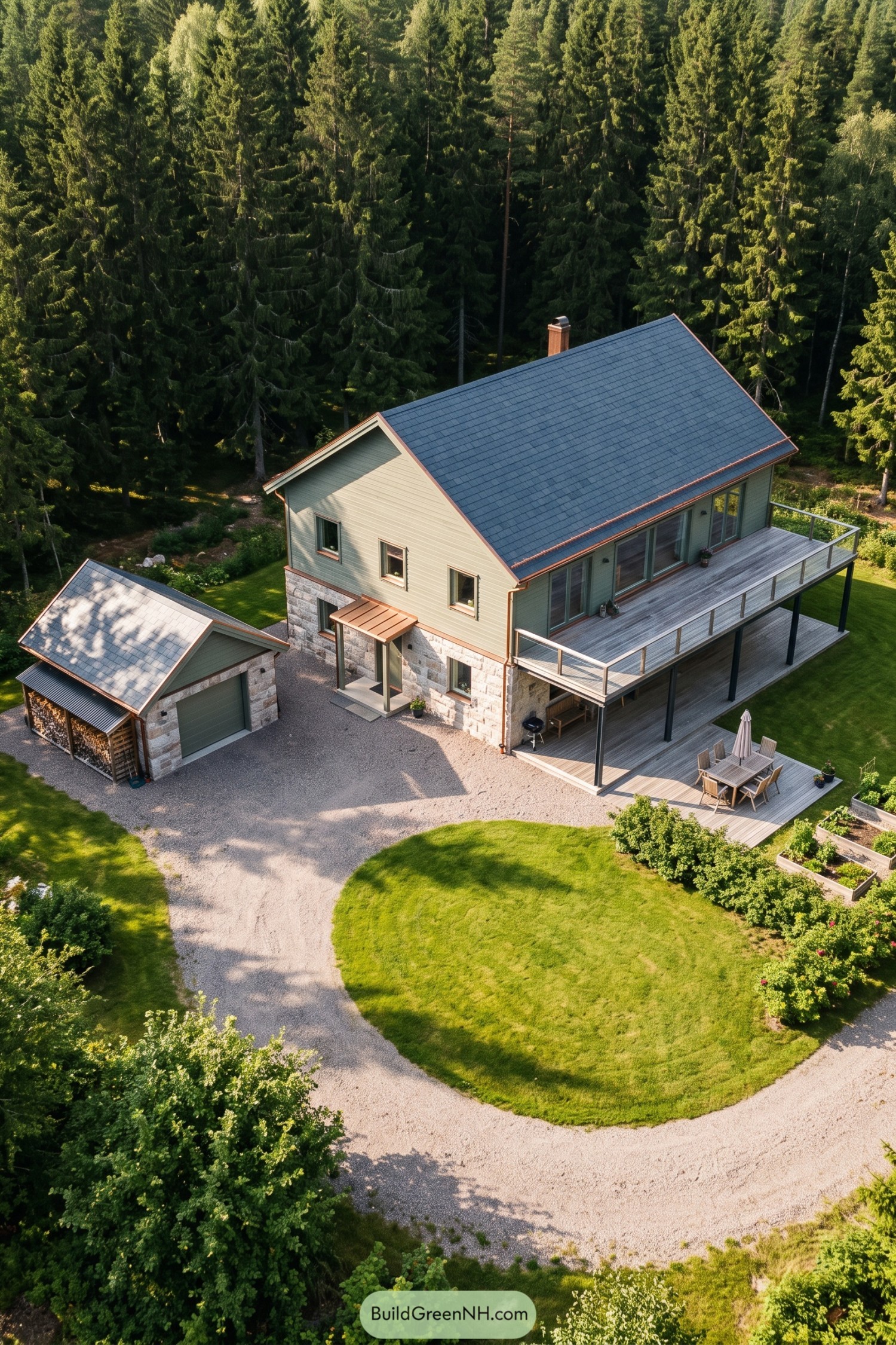 Sage green Nordic house with a stone base, stacked timber terraces, and a matching detached garage beside dense forest