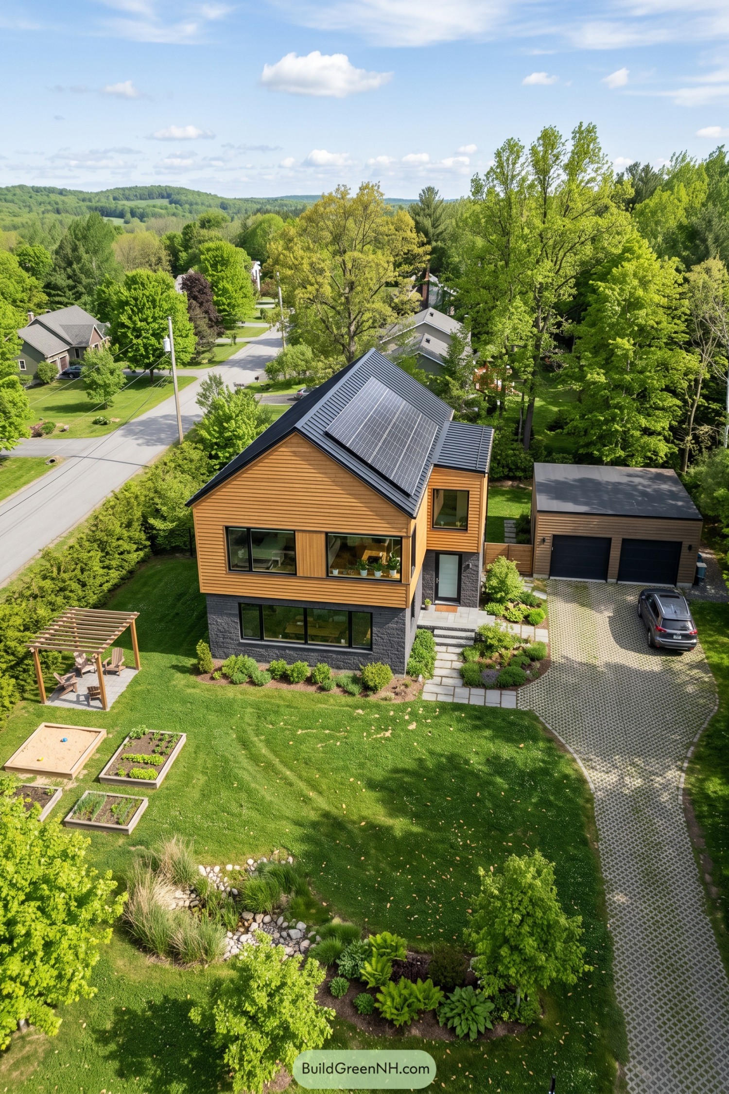 Nordic house with golden wood siding, a dark stone base, rooftop solar panels, and a detached garage