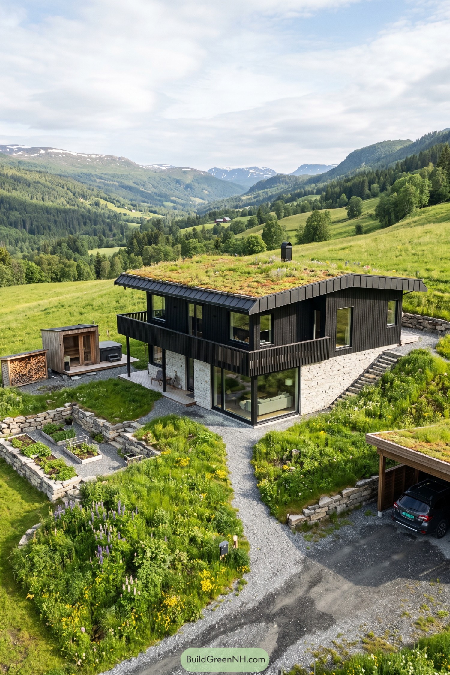 Nordic hillside home with a planted roof, black timber siding, pale stone base and wraparound balcony