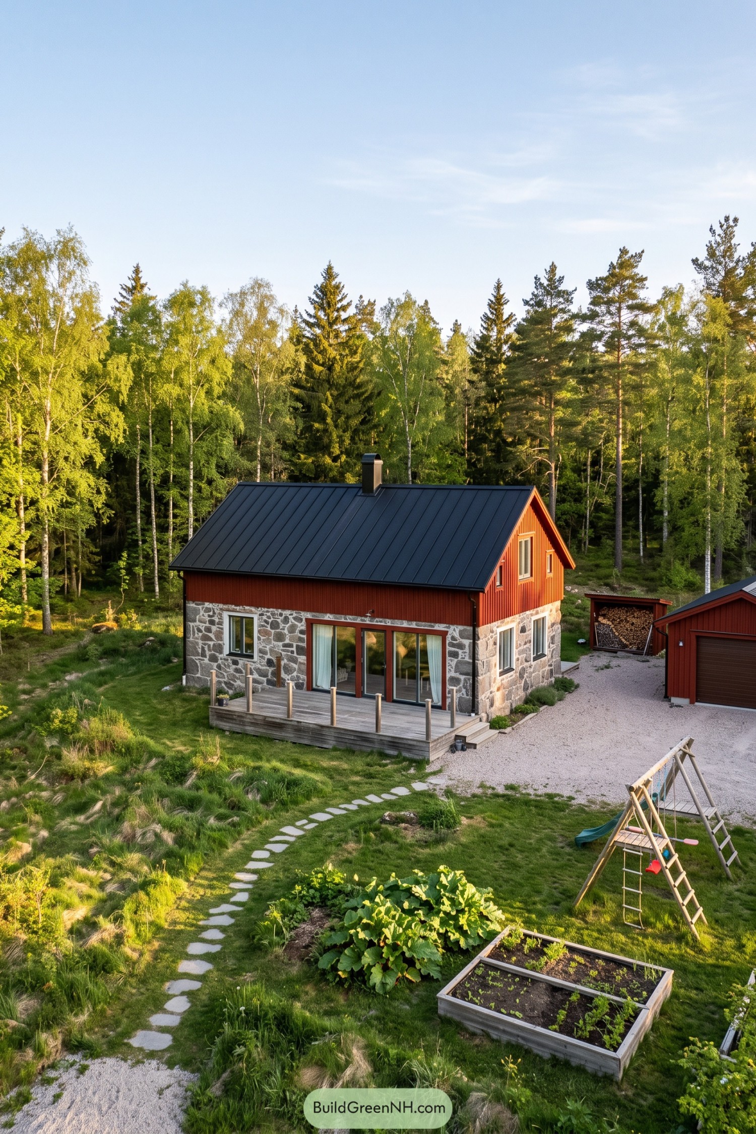Nordic house with red timber siding above a stone base level, a black gabled roof, and a wooden deck beside woodland