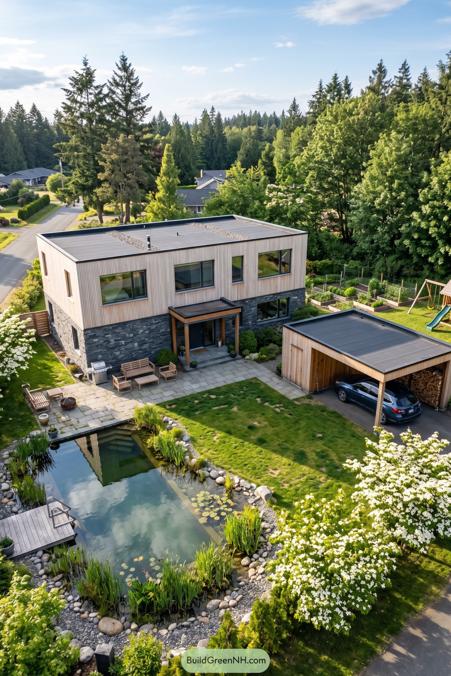 Two story Nordic home with pale timber cladding above a dark stone base beside a garden pond and matching carport