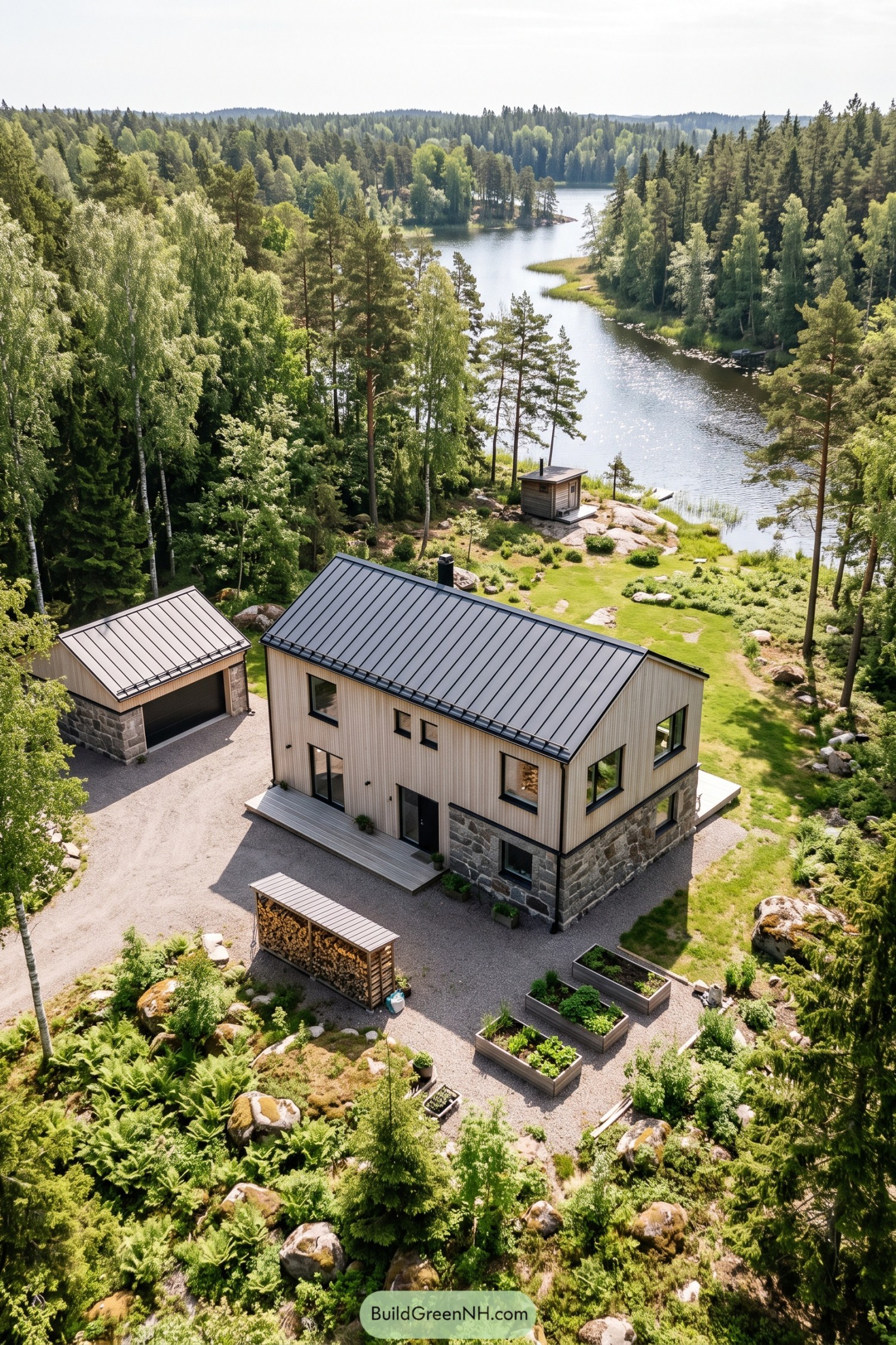 Nordic lakeside house with pale timber siding, a stone base, dark metal roof, and matching detached garage