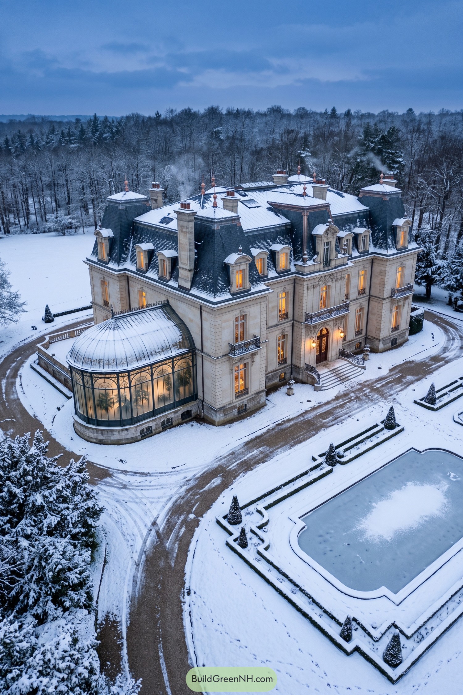 Snow-covered French château with a slate mansard roof, ornate balconies, curved conservatory, and formal gardens