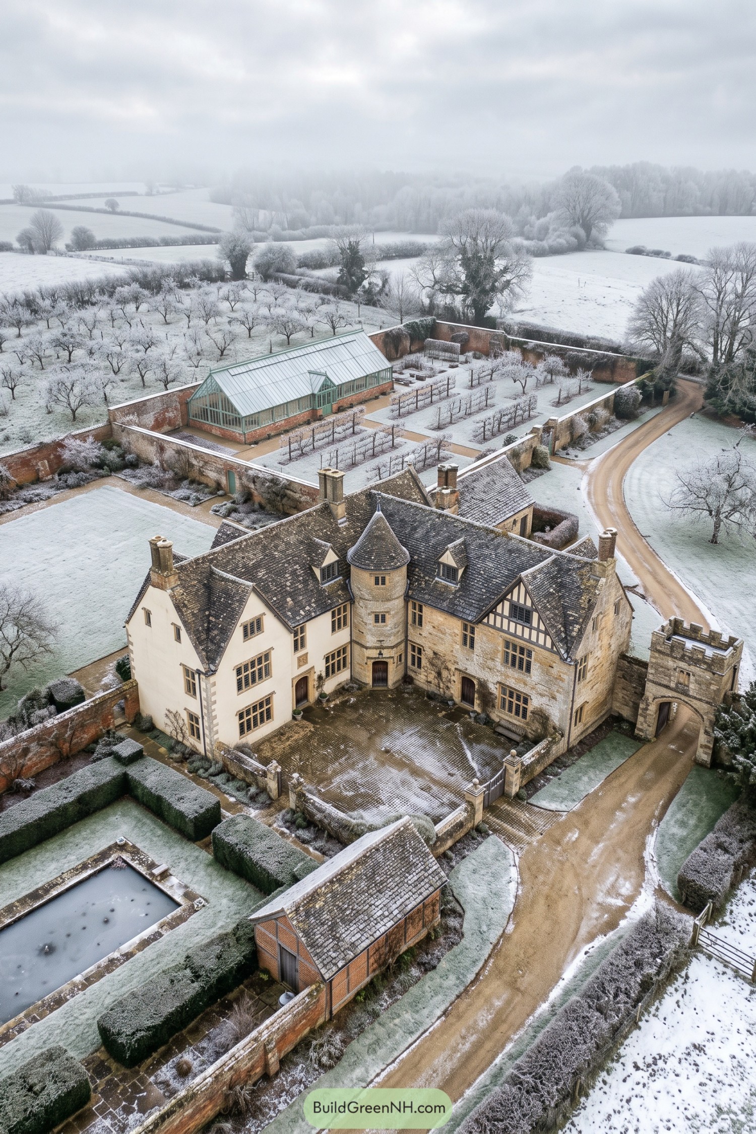Snow-dusted English country manor with a round turret, cobbled courtyard, walled gardens, and greenhouse
