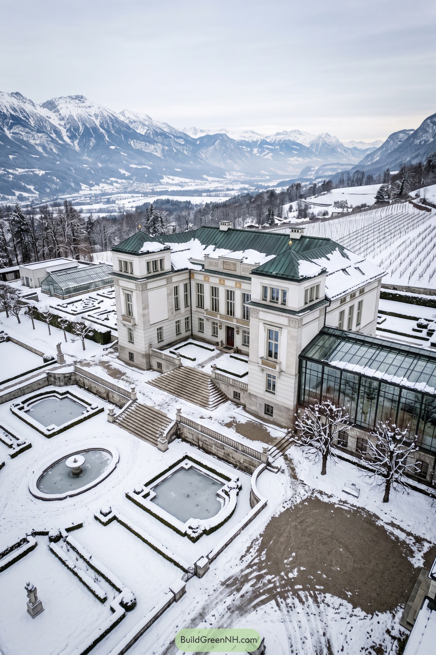 White neoclassical mansion with green roofs glass conservatories and snow-covered formal gardens overlooking an Alpine valley