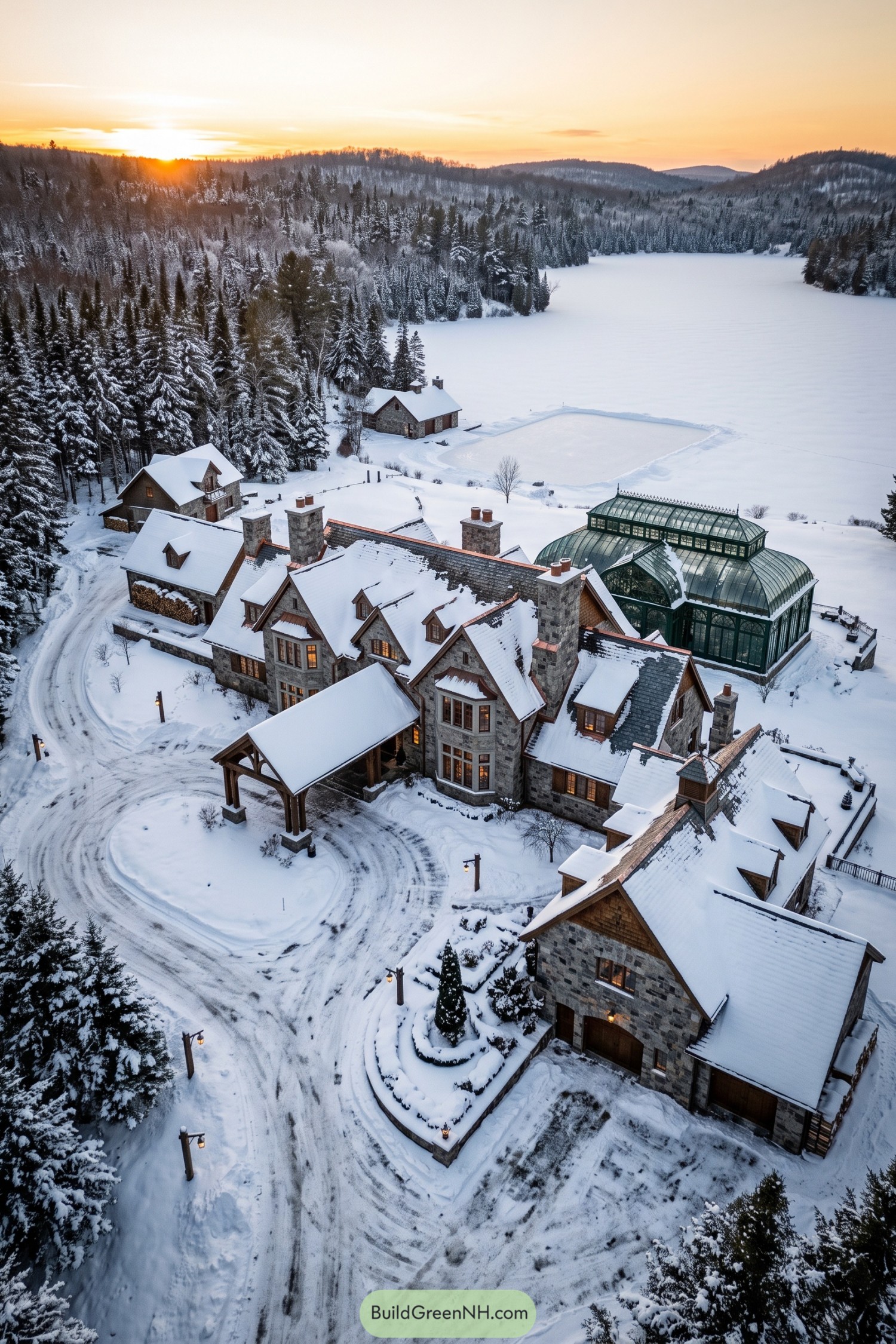 Snow-covered stone mansion with a timber carriage porch and green conservatory beside a frozen lake