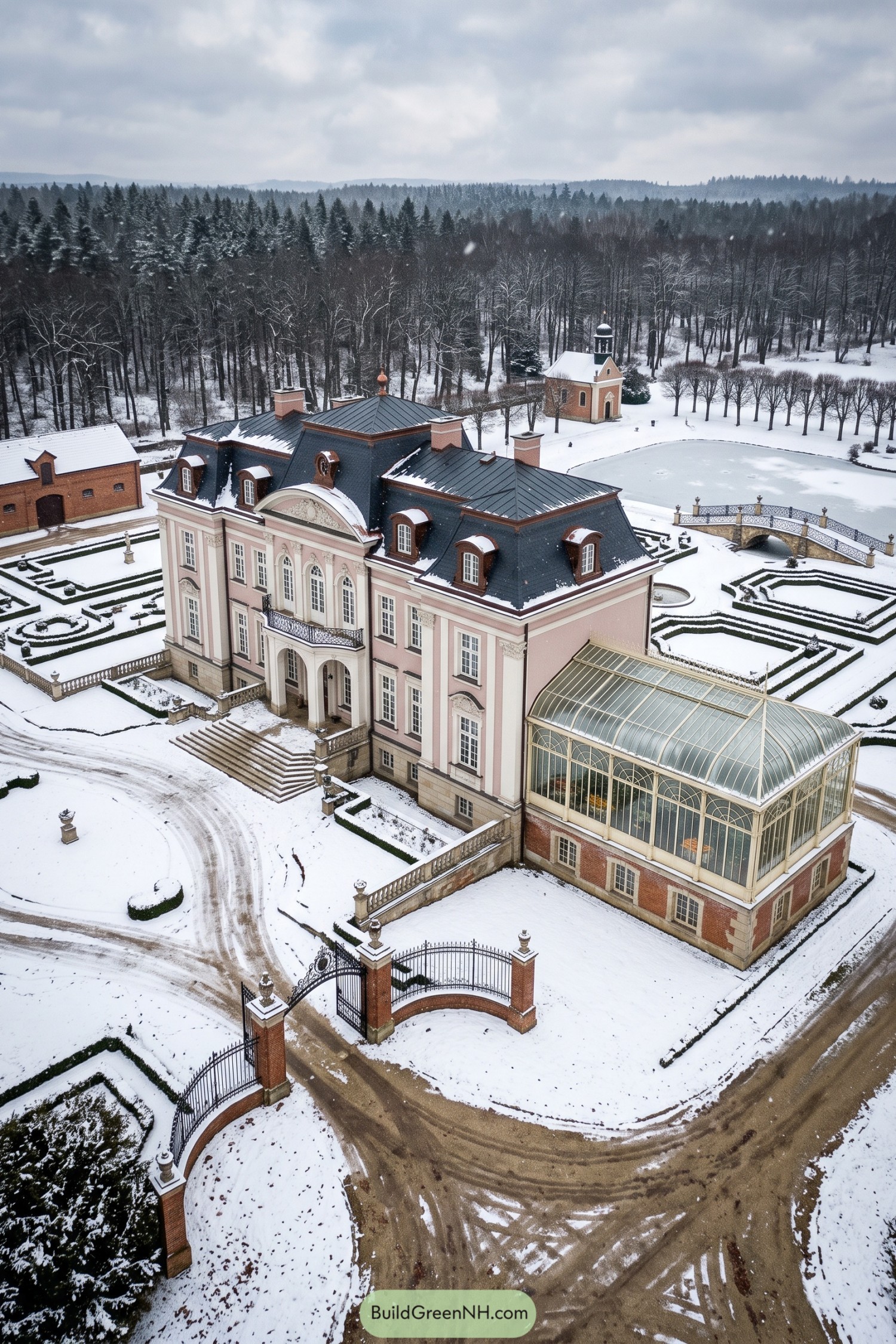 Pink mansion with a dark mansard roof and attached conservatory overlooking snowy formal gardens