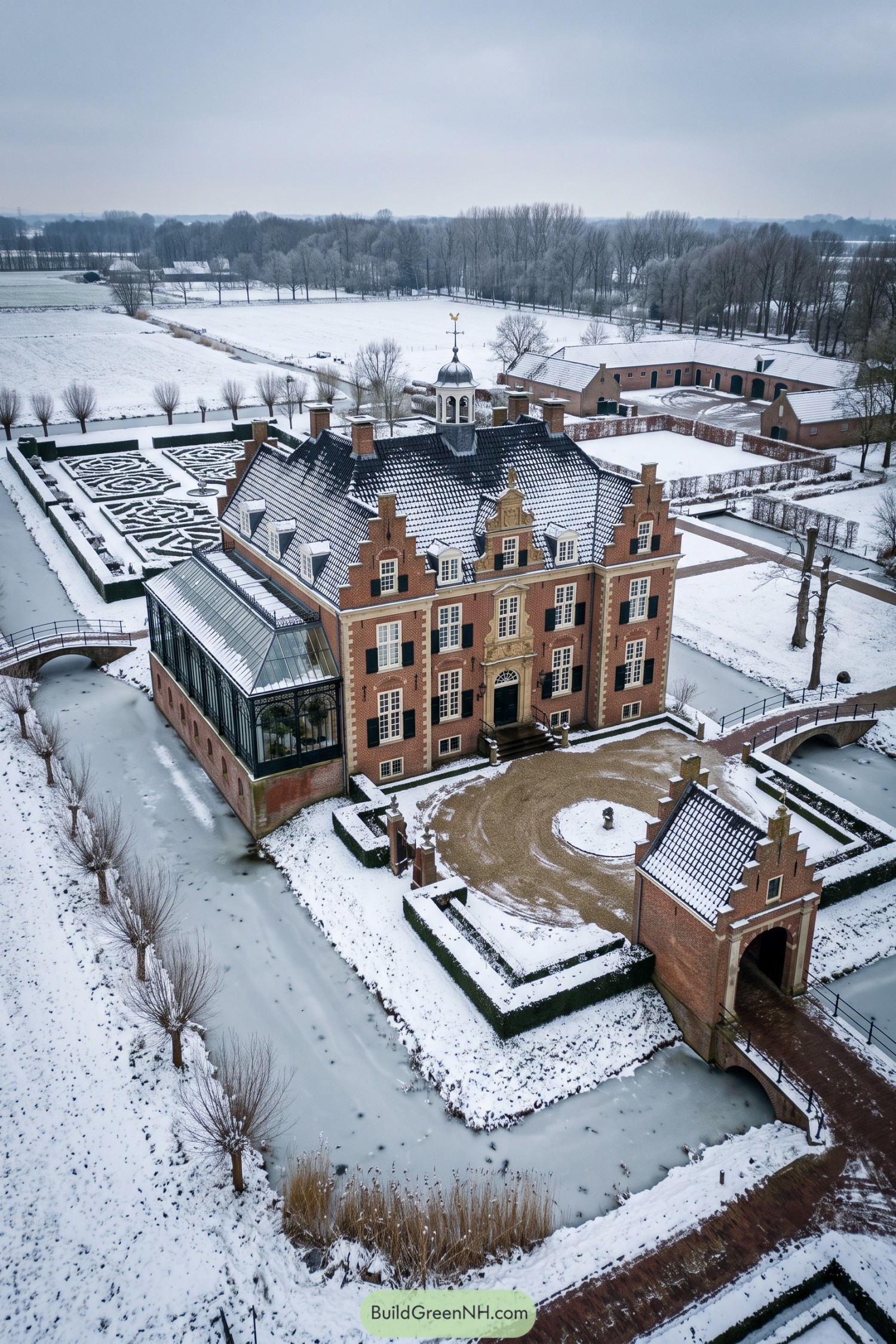 Snow-covered brick mansion with stepped gables, a glass conservatory, formal gardens, and bridges across a frozen moat