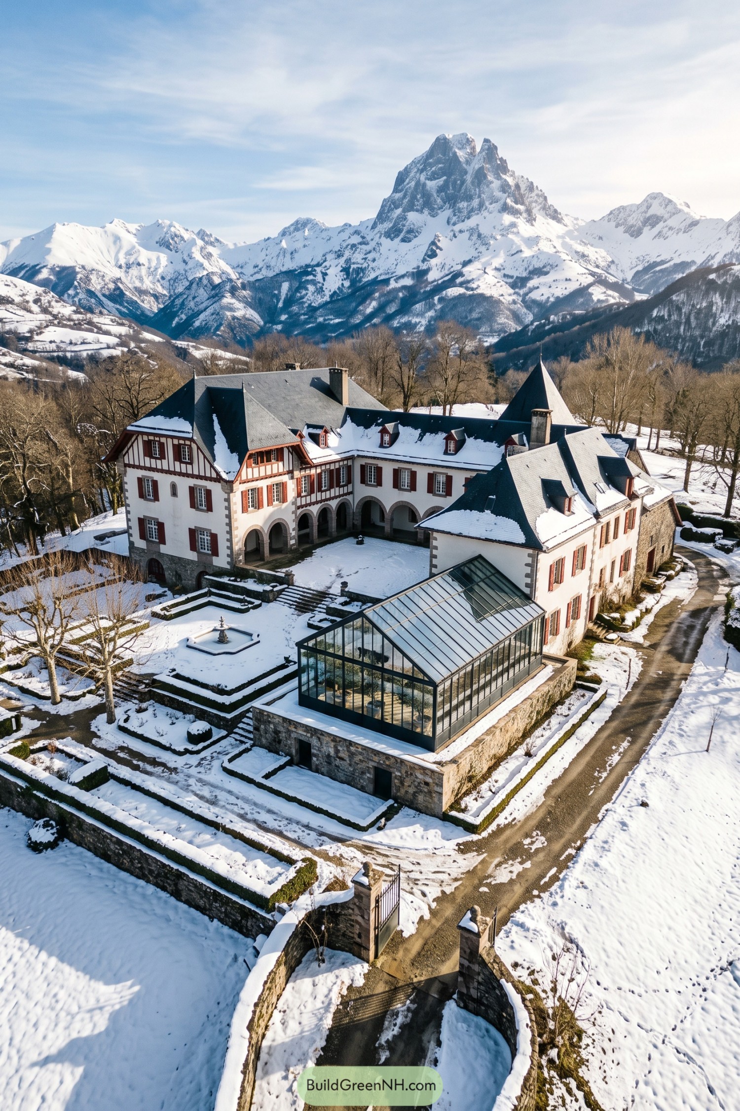 Snow surrounds a white mansion with red shutters, timbered gables, courtyard arcades, and a glasshouse beneath mountain peaks