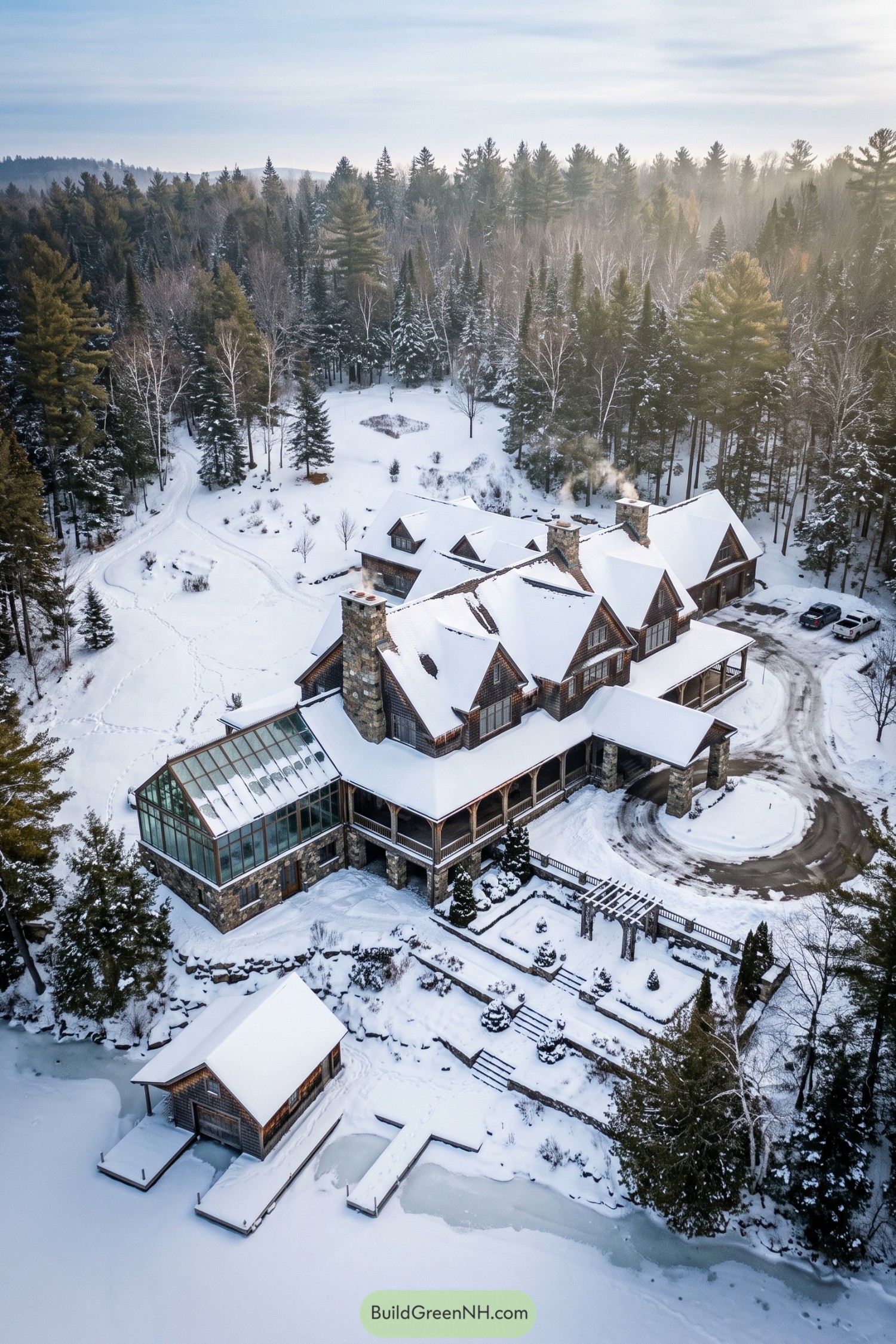 Snow-covered shingle mansion with stone chimneys, wraparound porches, a glass conservatory, and terraced gardens above a frozen lake
