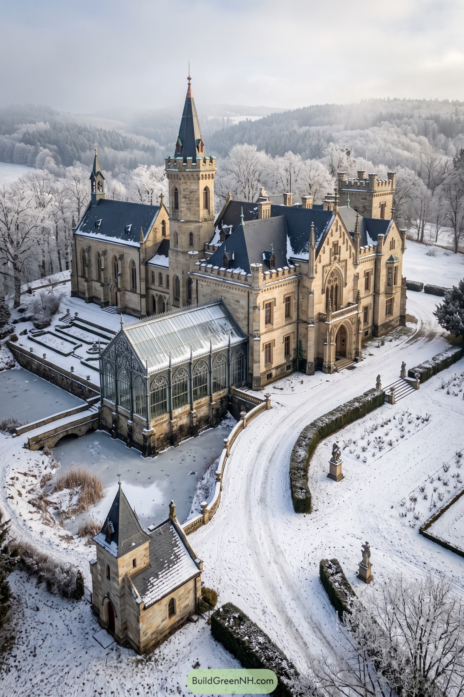 Gothic Revival mansion with a tall spire and ornate conservatory overlooking snowy formal gardens