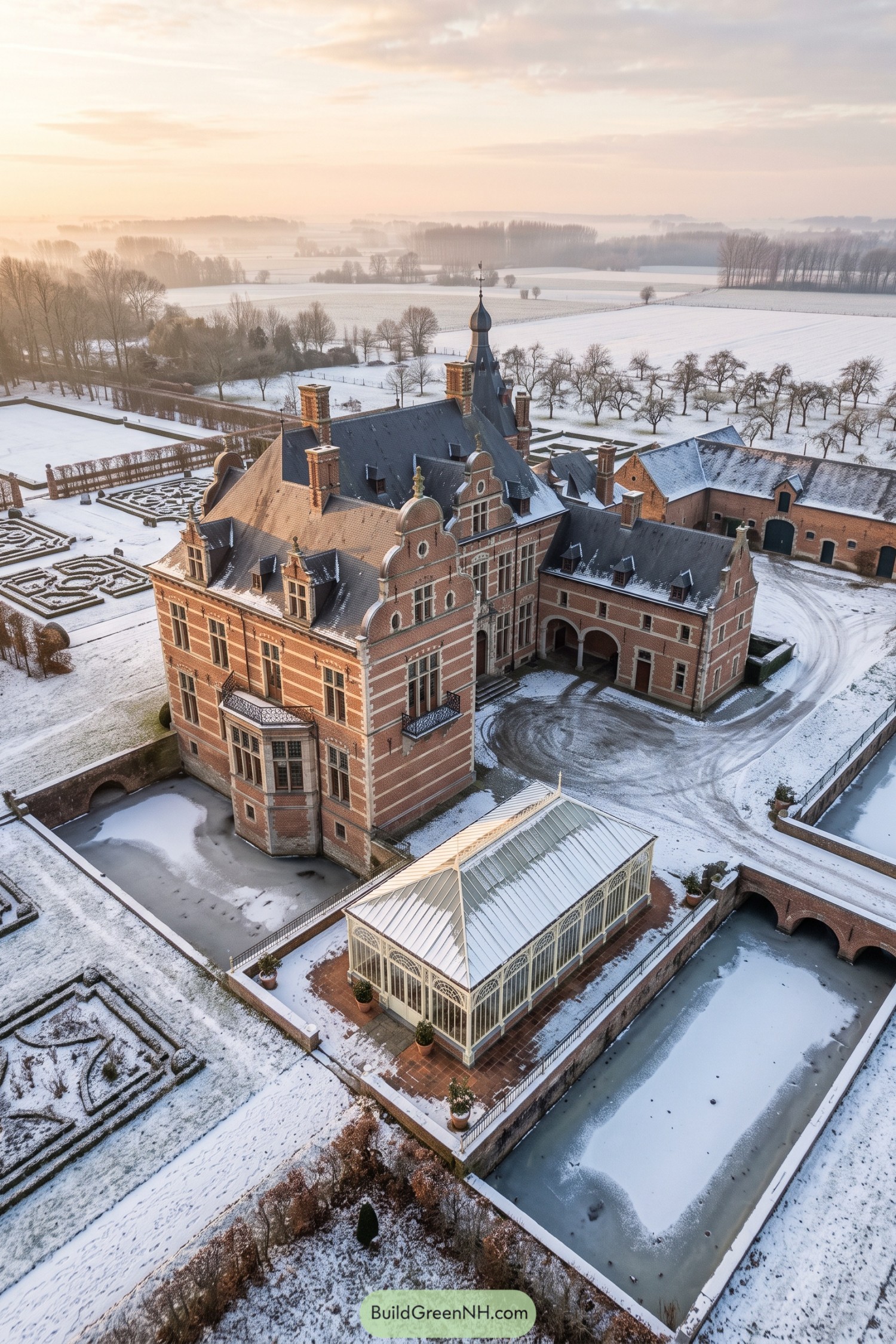 Snow-covered brick mansion with curved gables an onion-topped spire formal gardens and a glasshouse beside a frozen moat