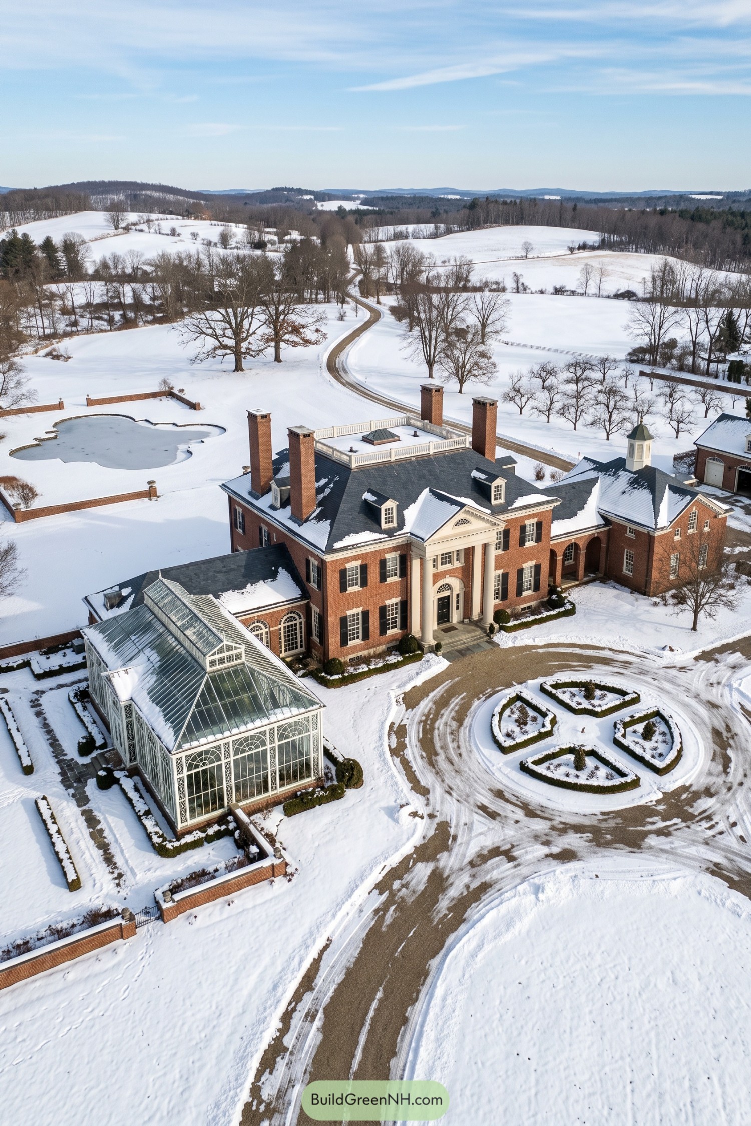 Aerial view of a snowy redbrick mansion with a columned entrance, glass conservatory, and circular landscaped drive