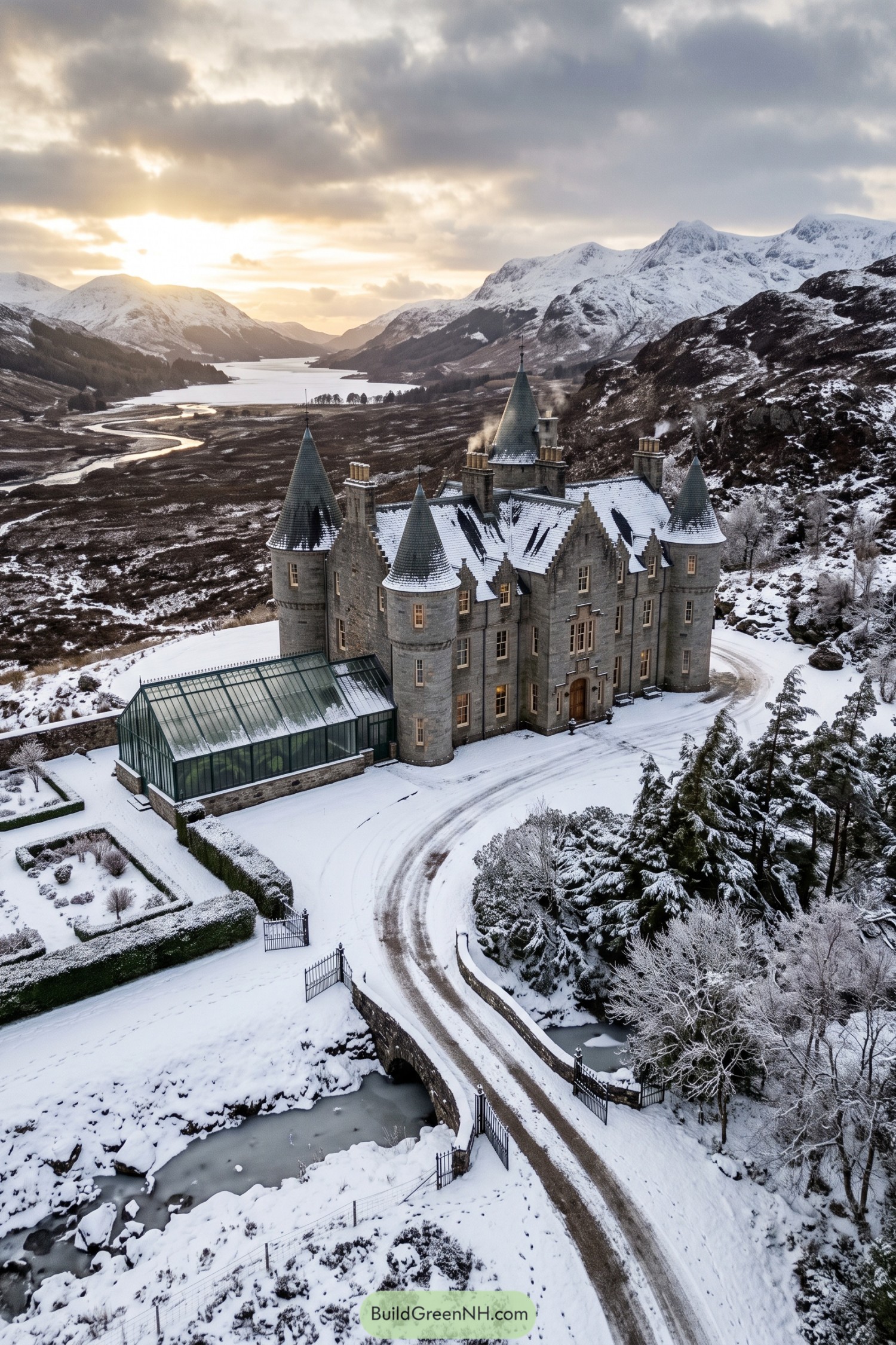 Snow-covered stone mansion with round turrets, a glass conservatory, and a curved bridge approach overlooking a mountain loch