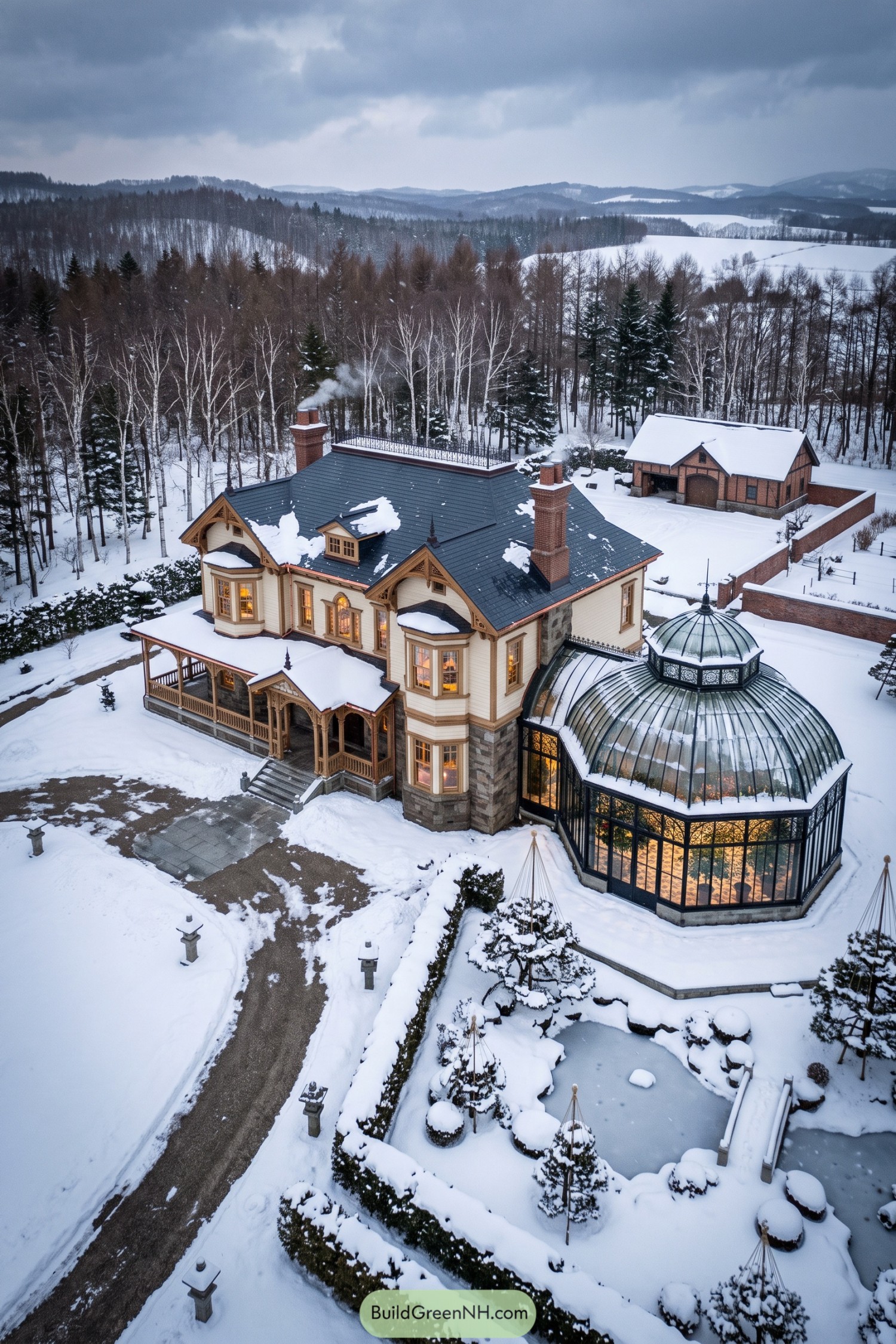 Snow-covered Victorian mansion with carved timber gables, a domed conservatory, and a Japanese-inspired pond garden