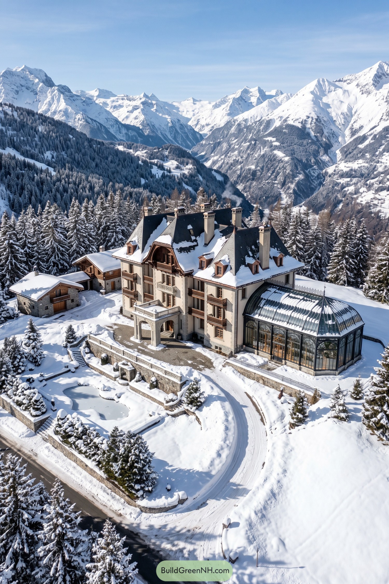 Snow-covered alpine mansion with carved wooden balconies, tall chimneys, terraced gardens, and a curved glass conservatory
