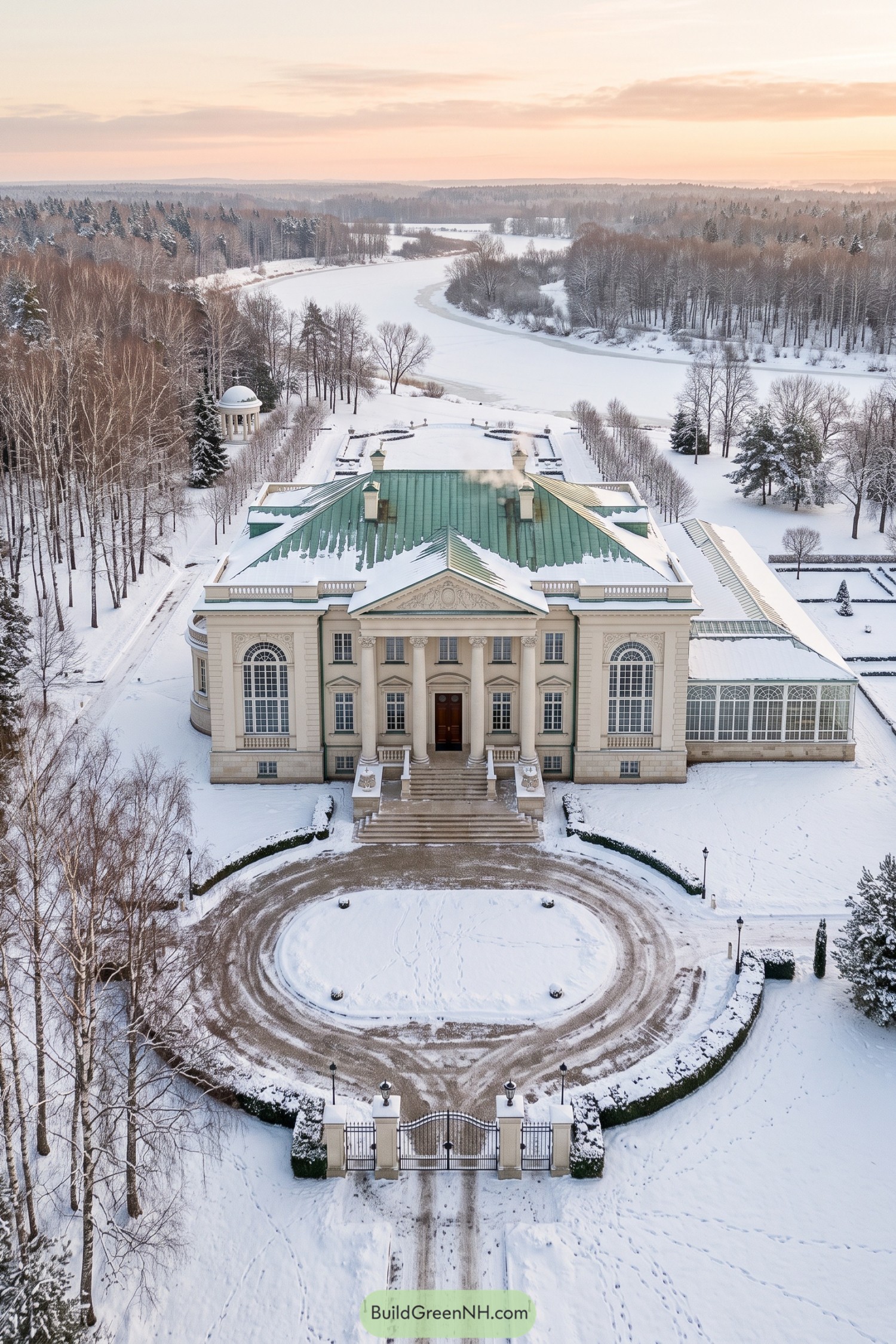 Snow-covered neoclassical mansion with cream walls, a green roof, columned entrance, conservatory, and circular gated drive