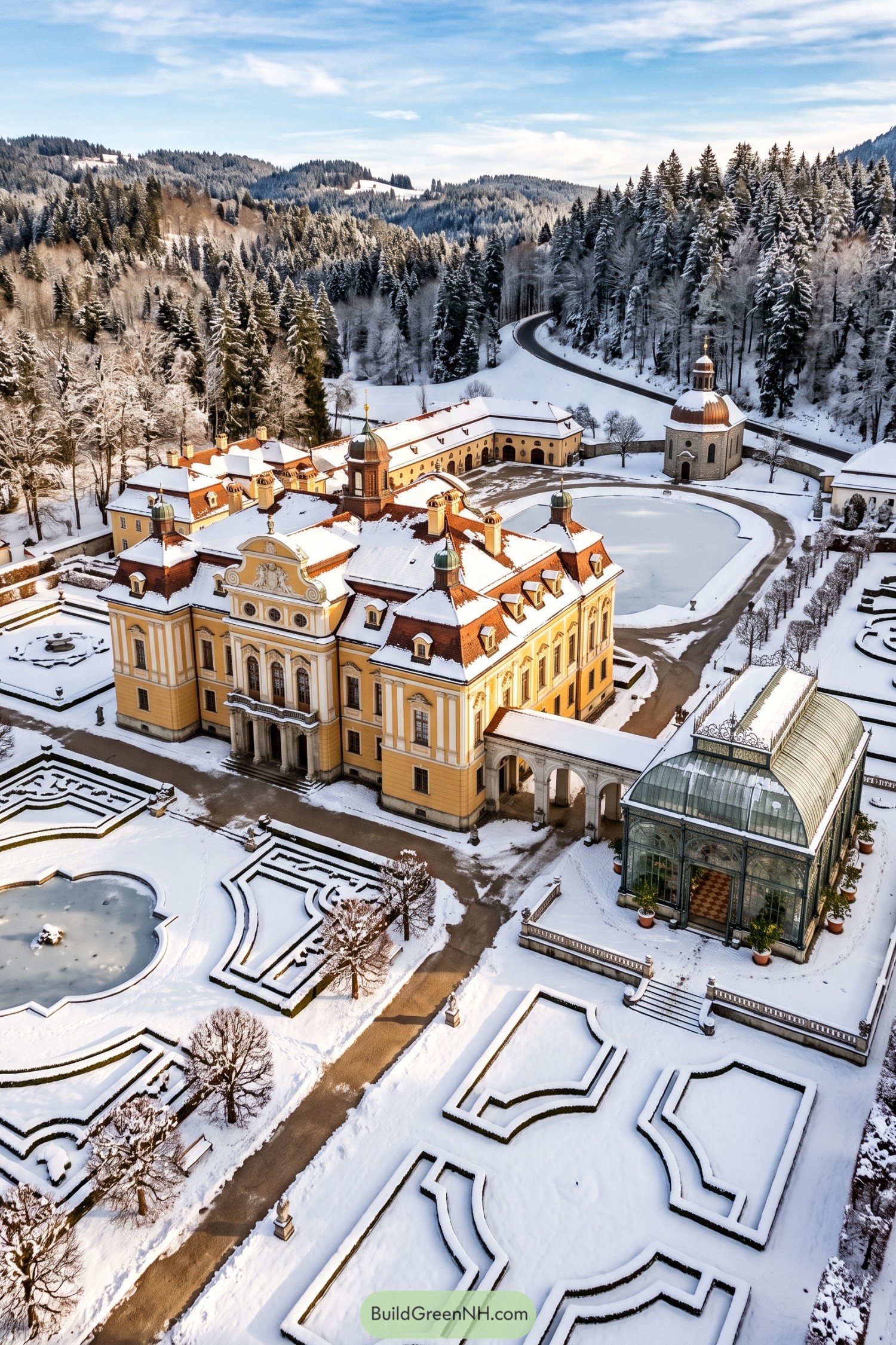 Yellow Baroque mansion with copper cupolas, a glass conservatory and snow-covered formal gardens