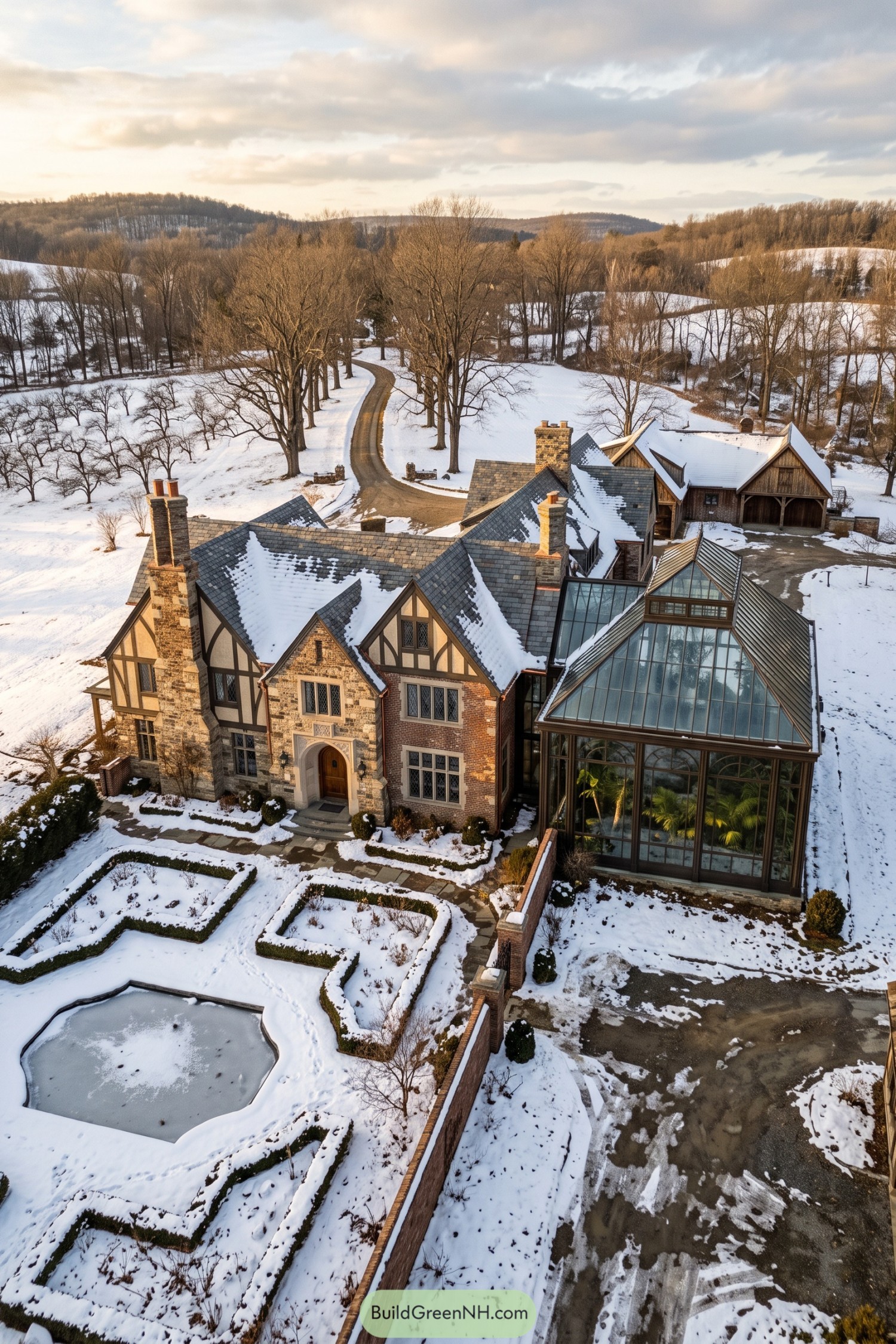 Tudor mansion with steep slate roofs, tall chimneys, a glass conservatory, and snow-covered formal gardens