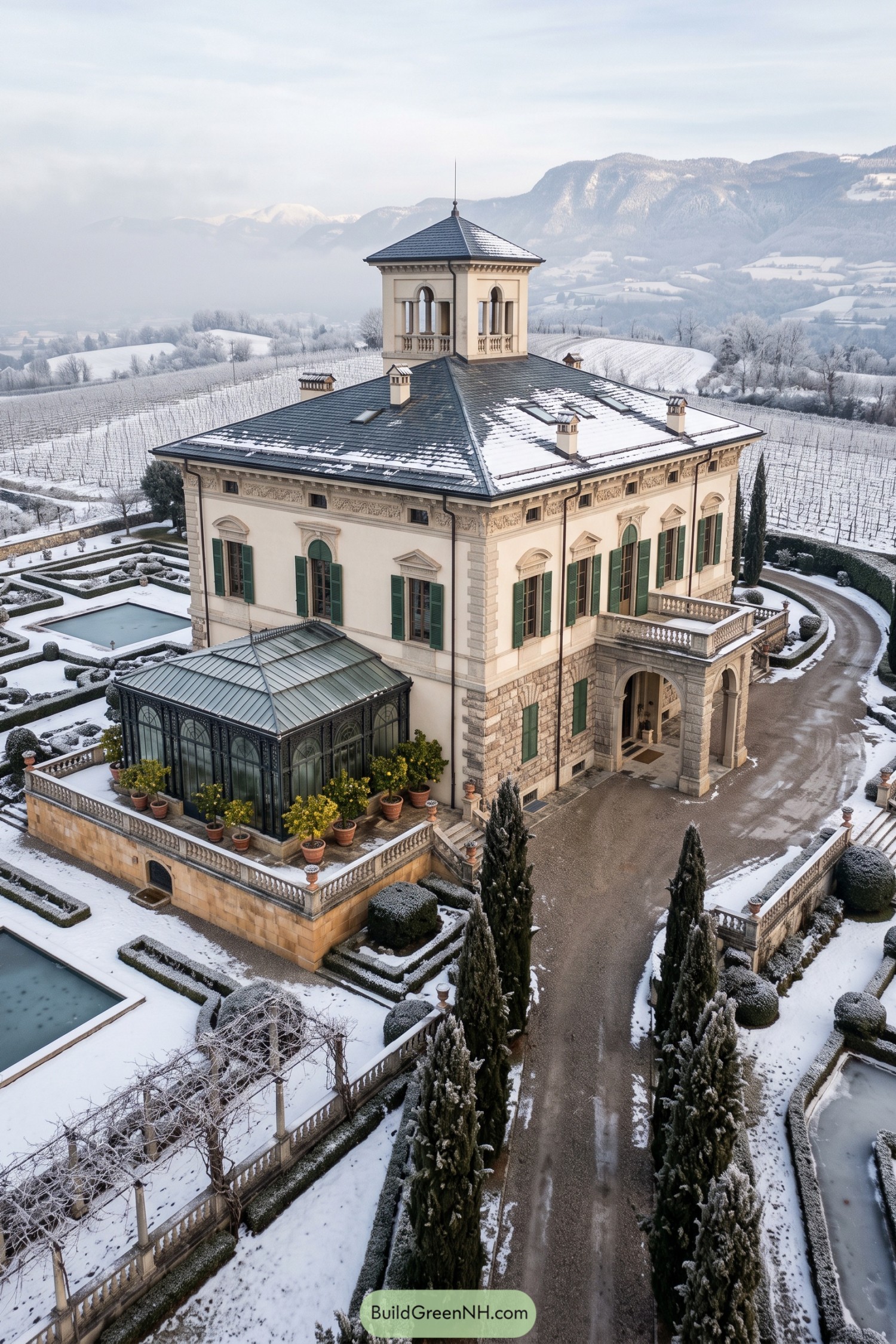 Italianate villa with green shutters, a square belvedere tower, a glass conservatory, and snow-covered formal gardens