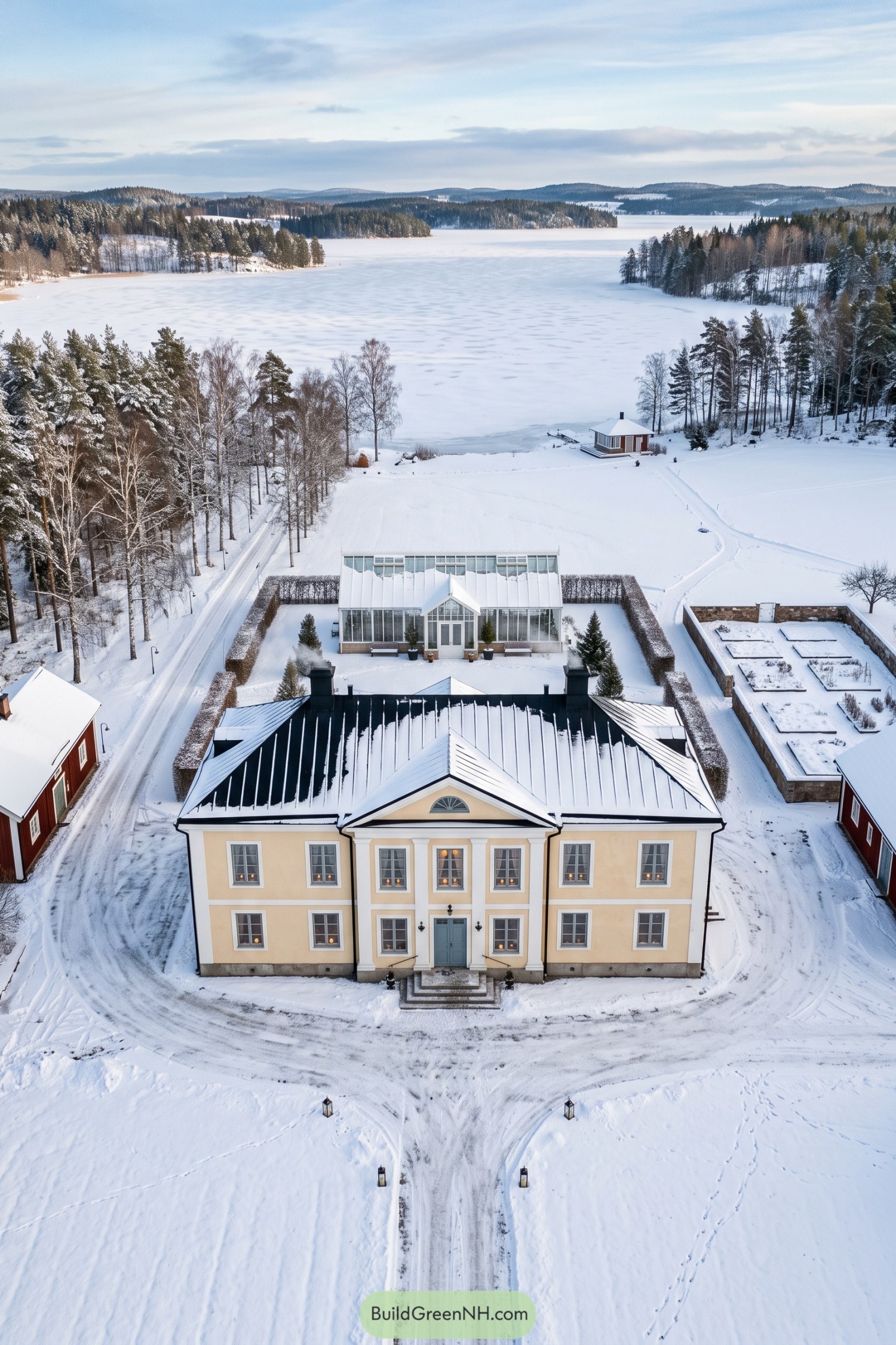Pale yellow neoclassical mansion with white trim and a glasshouse overlooking a frozen lake