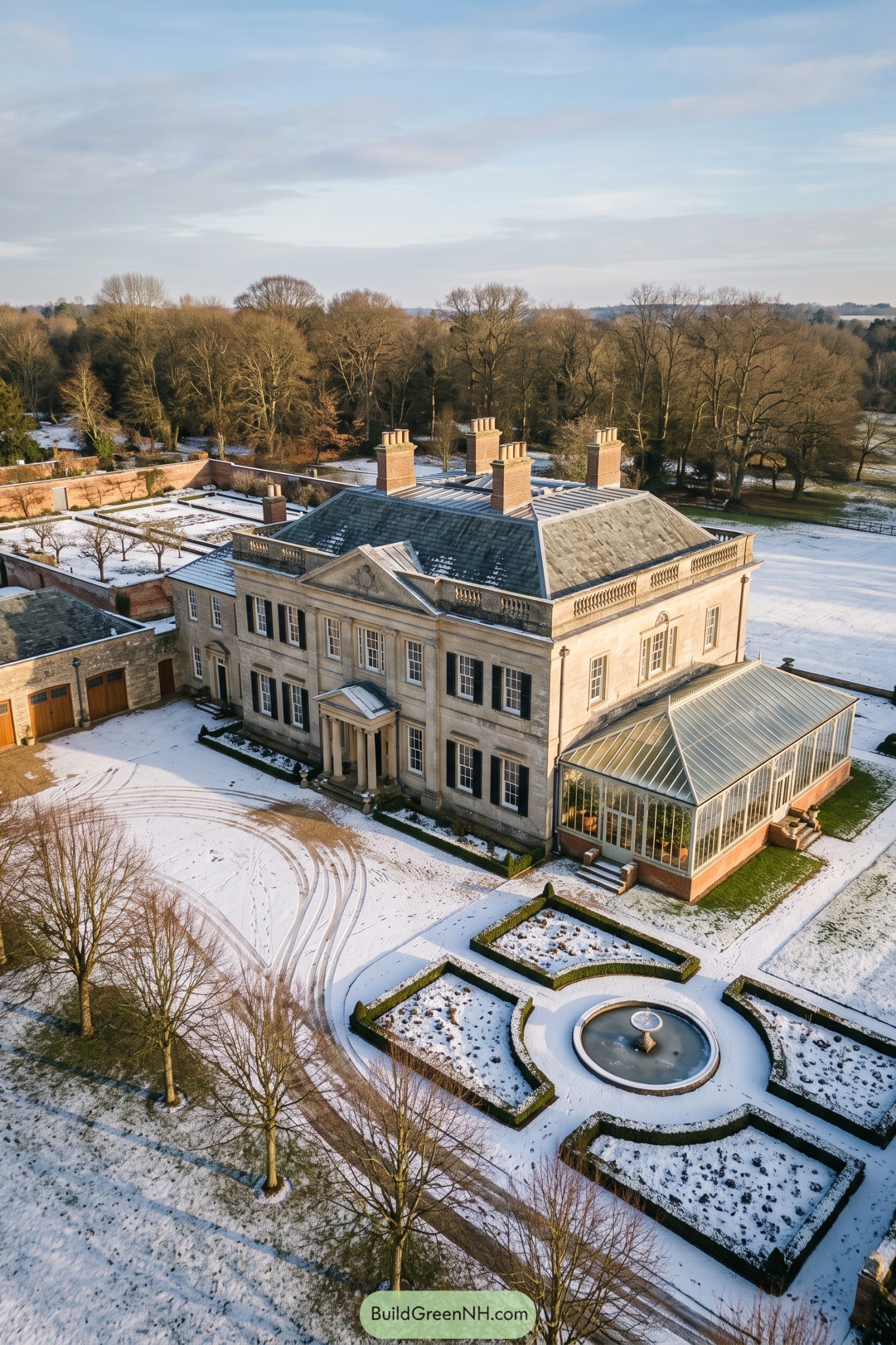 Snow surrounds a stone mansion with black shutters, a glass conservatory, and formal gardens arranged around a circular fountain