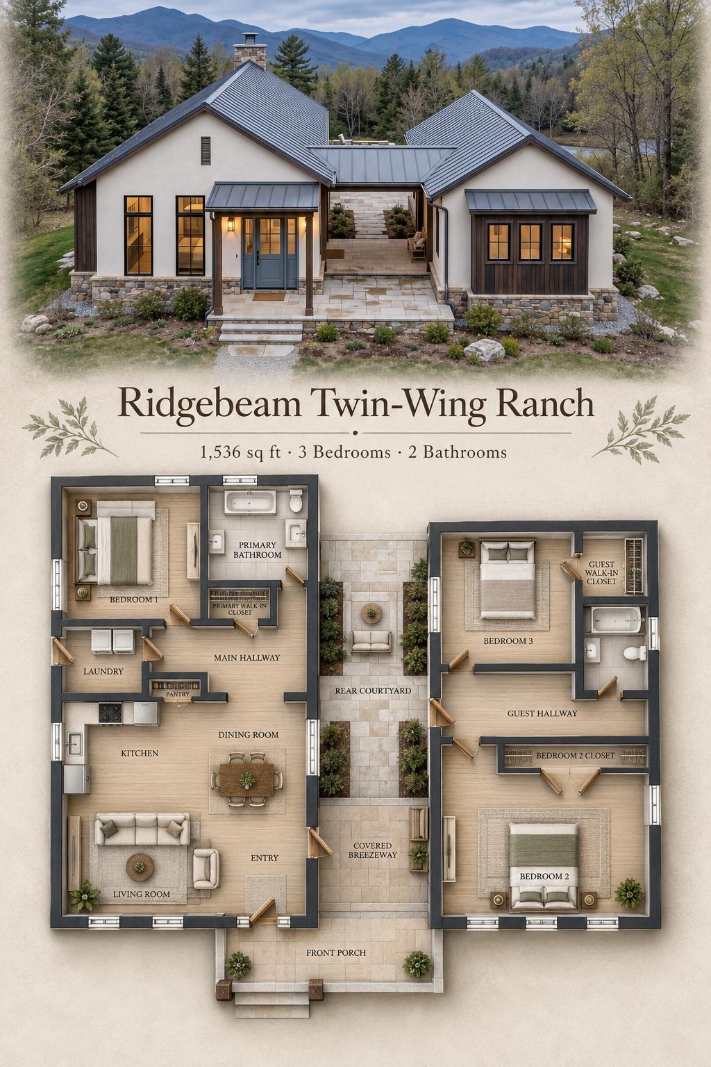 Ridgebeam Twin-Wing Ranch Floor Plan
