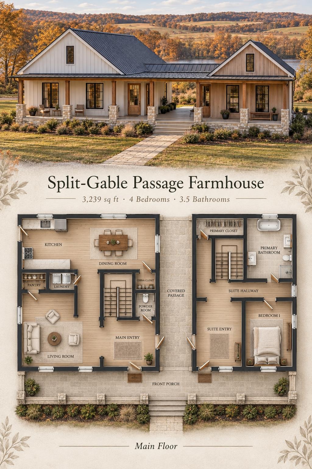 Split-Gable Passage Farmhouse Floor Plan