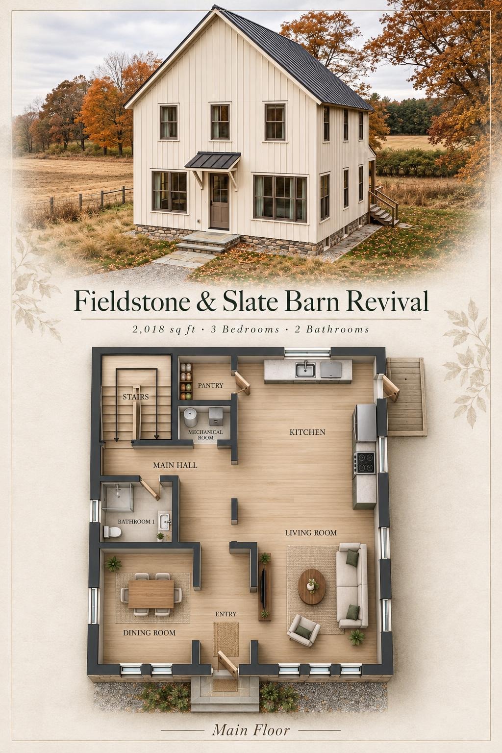 Fieldstone & Slate Barn Revival Floor Plan