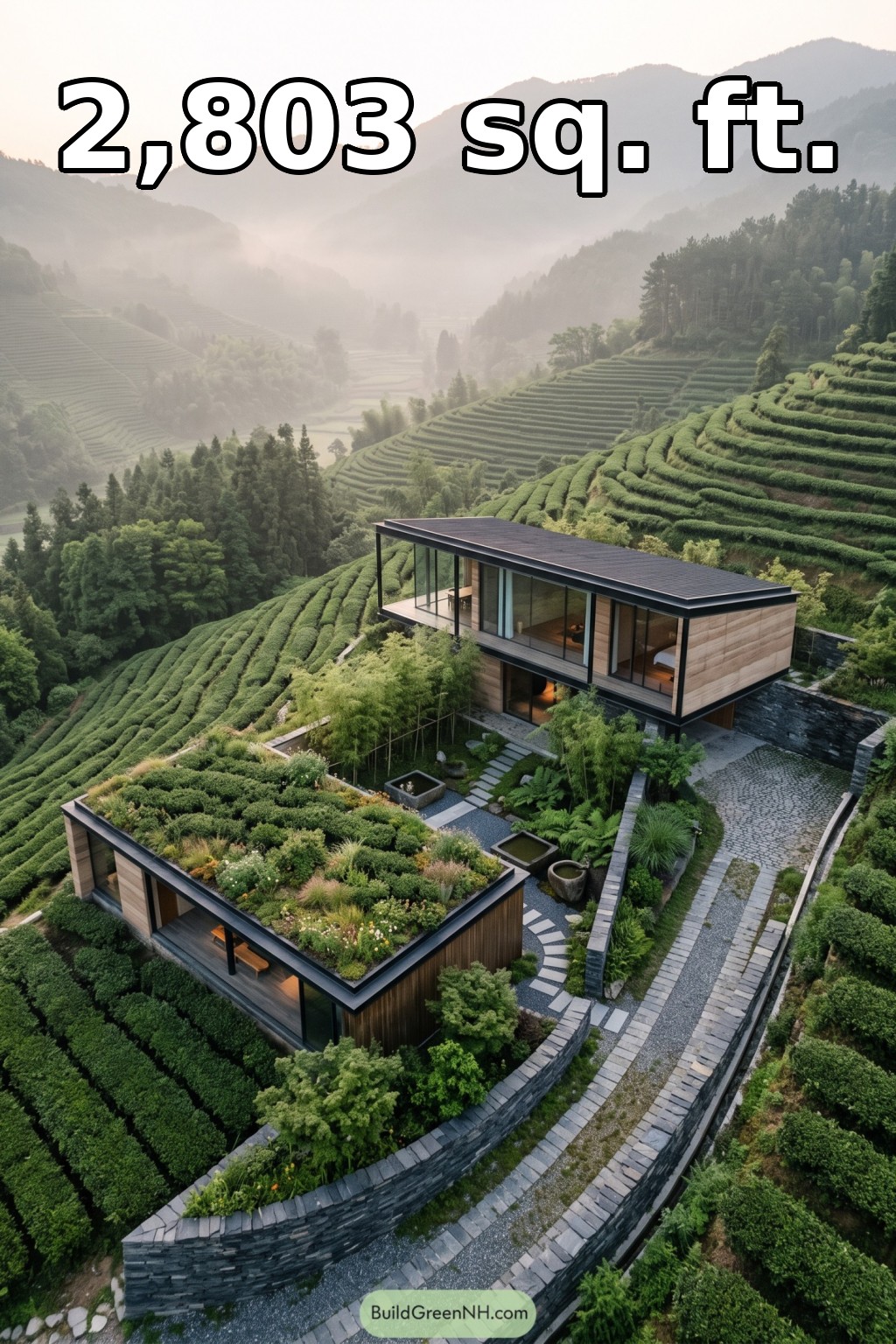 40×74 ft 2,803 sqft 2-Bed 3.5-Bath Modern Hillside House Floor Plans: Tea Terrace Glass House