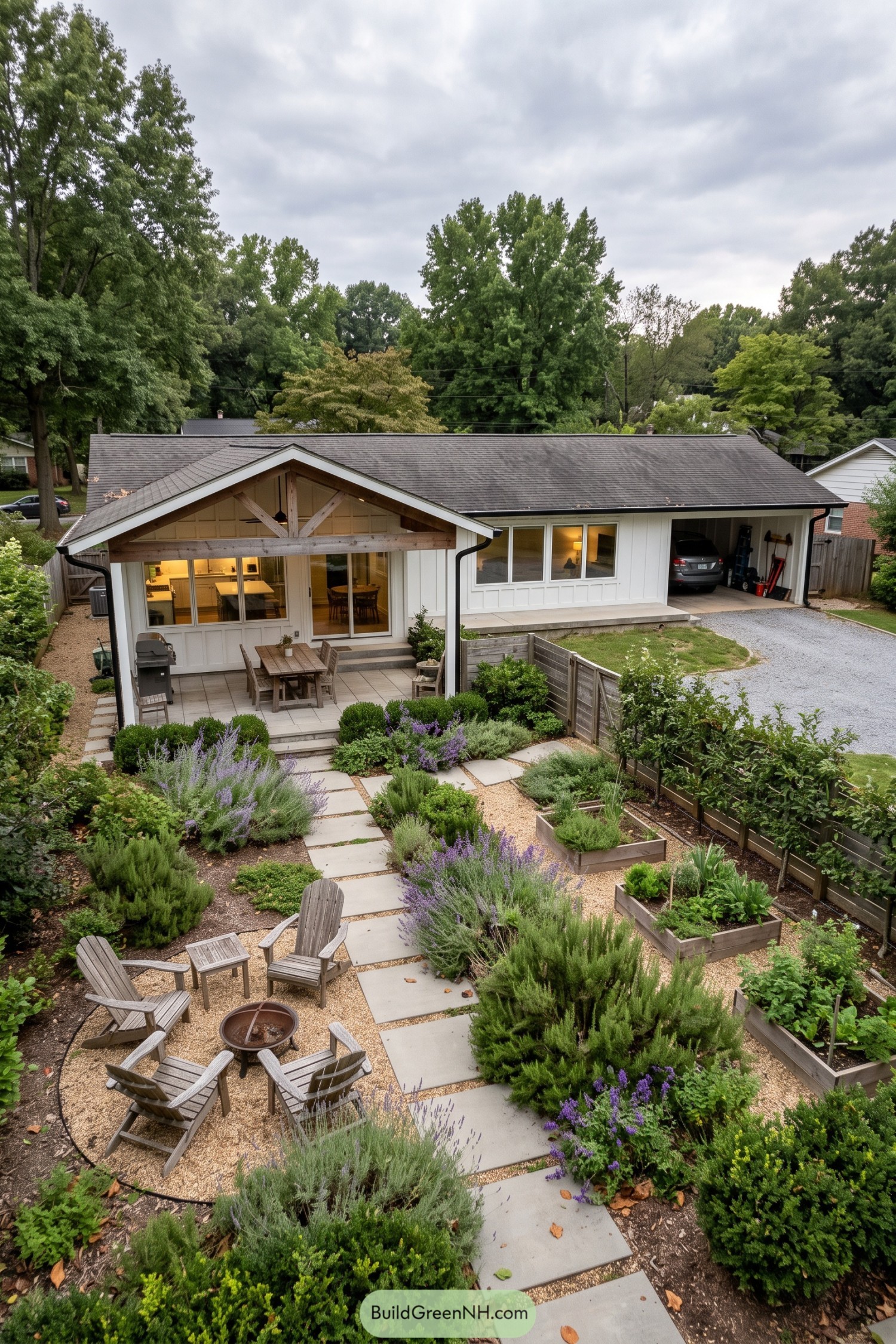 White ranch home with covered patio and lush herb garden