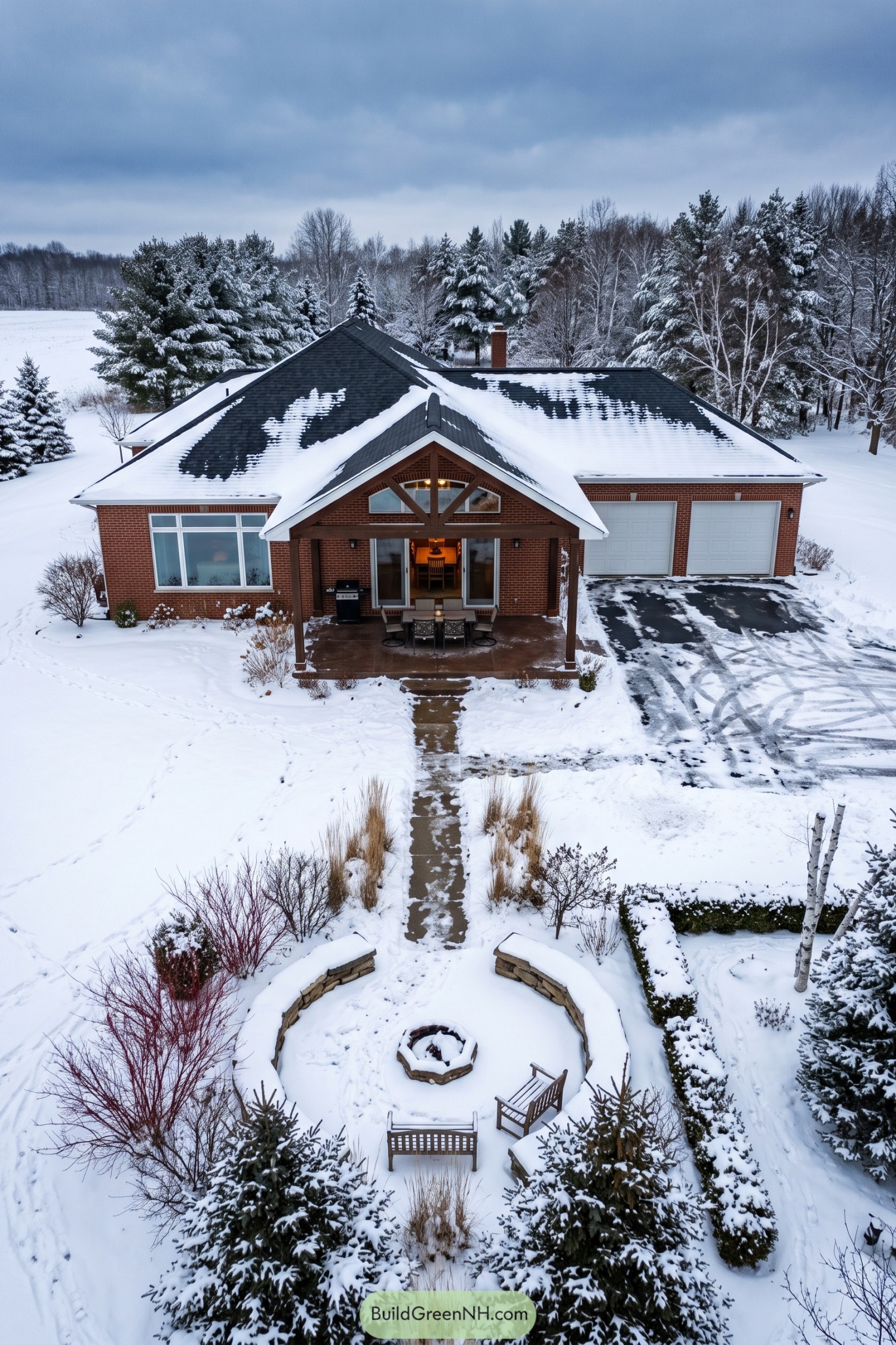Brick ranch home with snowy firepit garden and covered porch