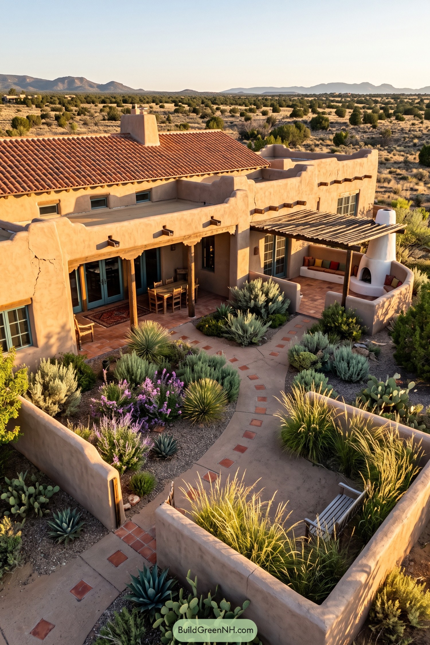 Adobe ranch with terracotta patios and a desert courtyard garden