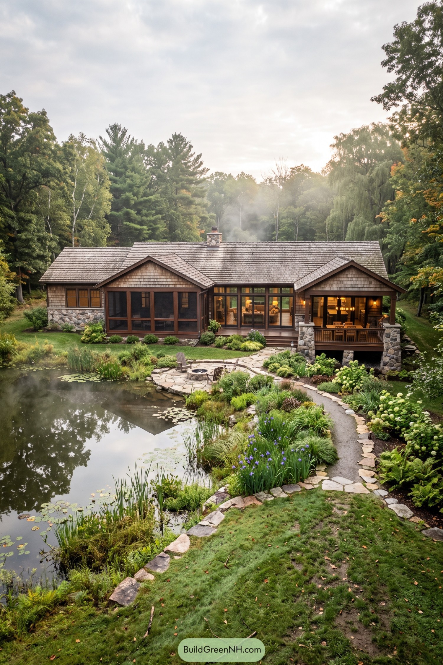 Woodland ranch with stone terrace beside a lily pond