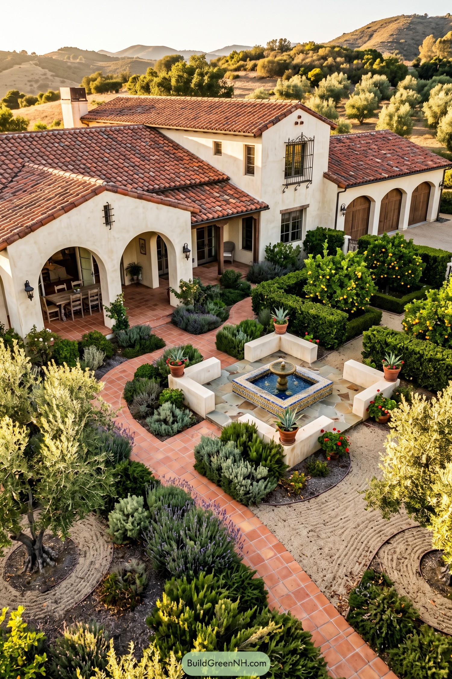 Spanish Revival ranch with tiled fountain courtyard and citrus garden