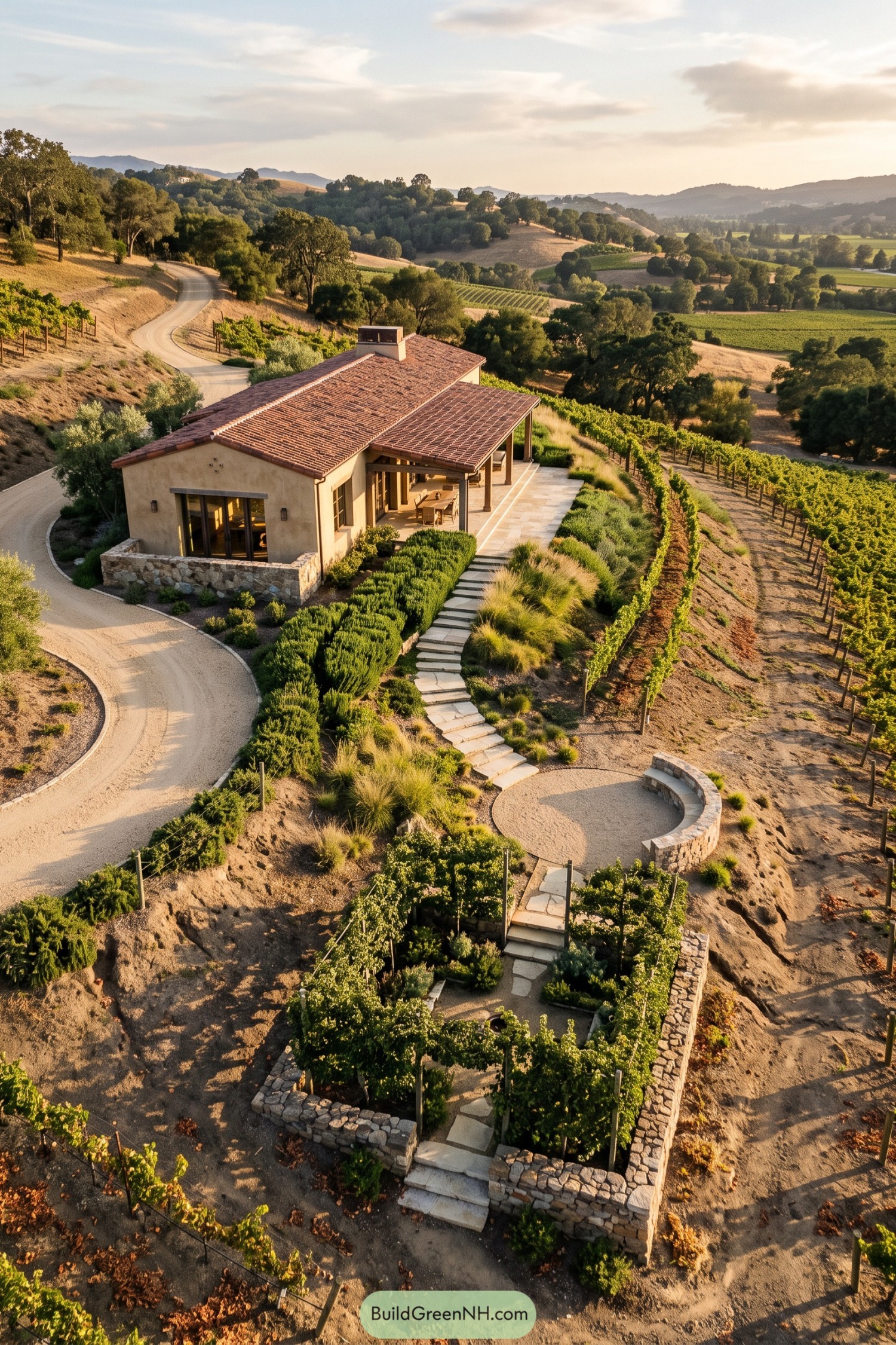 Terracotta roof ranch beside vineyard rows and stone gardens