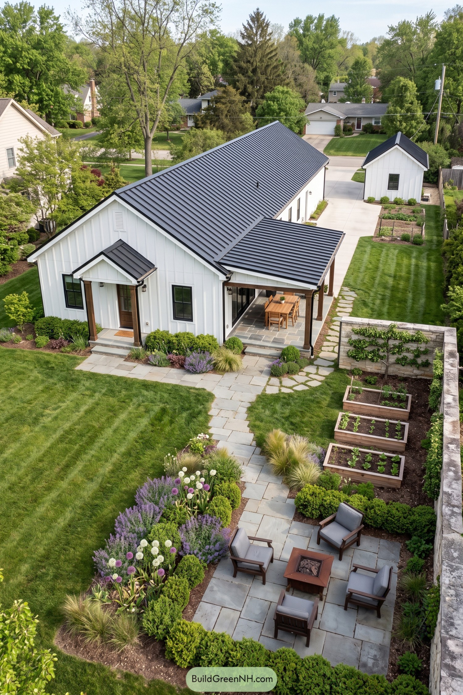 White board and batten ranch with raised vegetable beds and stone patio