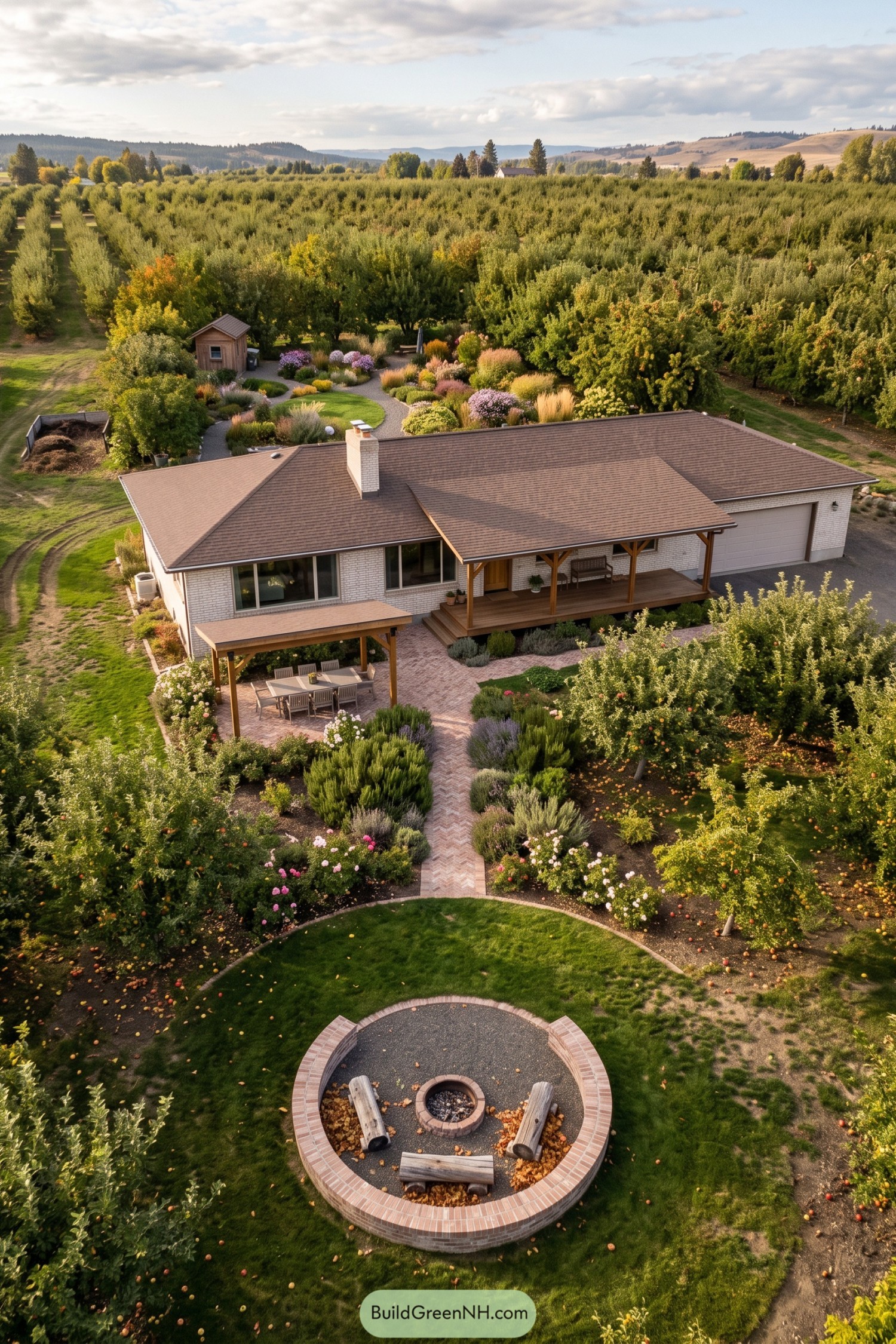 White brick ranch with orchard gardens and circular fire pit