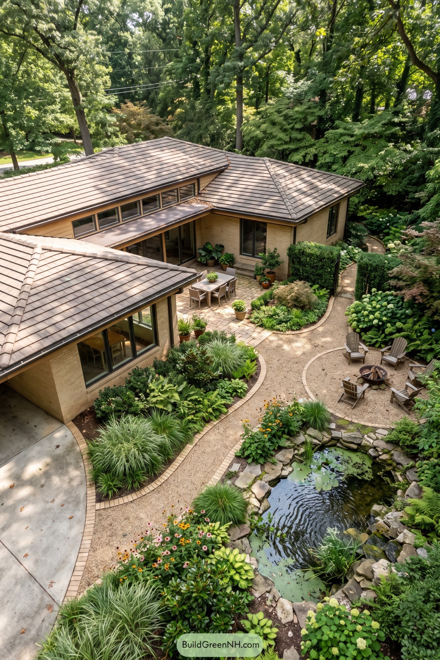 Brick ranch courtyard with a pond fire circle and shade garden