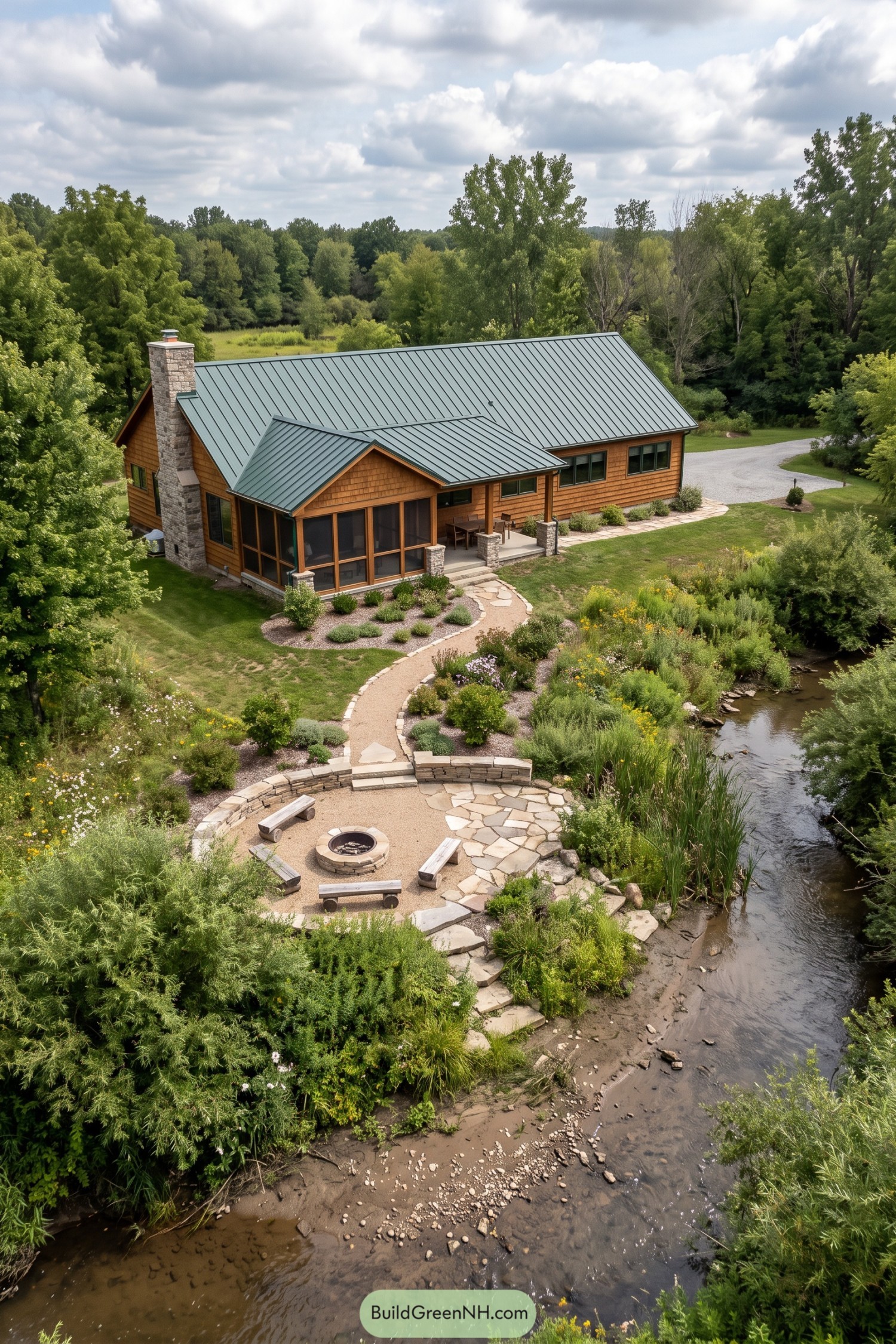 Wood sided ranch beside a creek with wildflower gardens and a fire circle