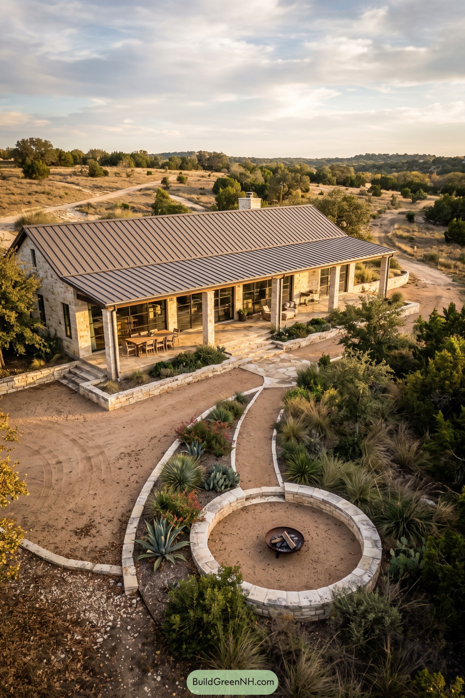 Stone ranch with a wraparound porch and circular fire pit garden