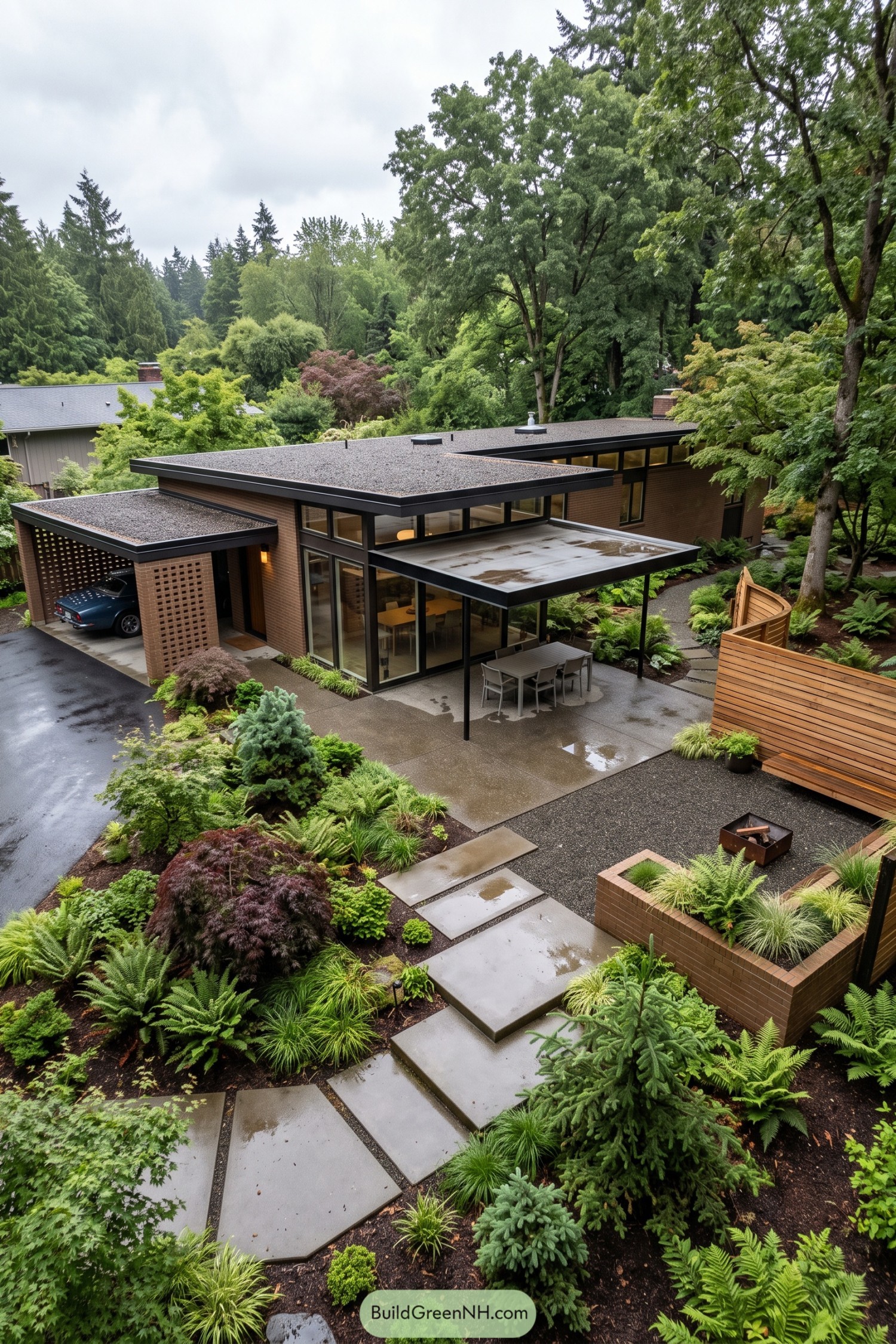 Midcentury ranch with a sheltered patio and lush woodland garden