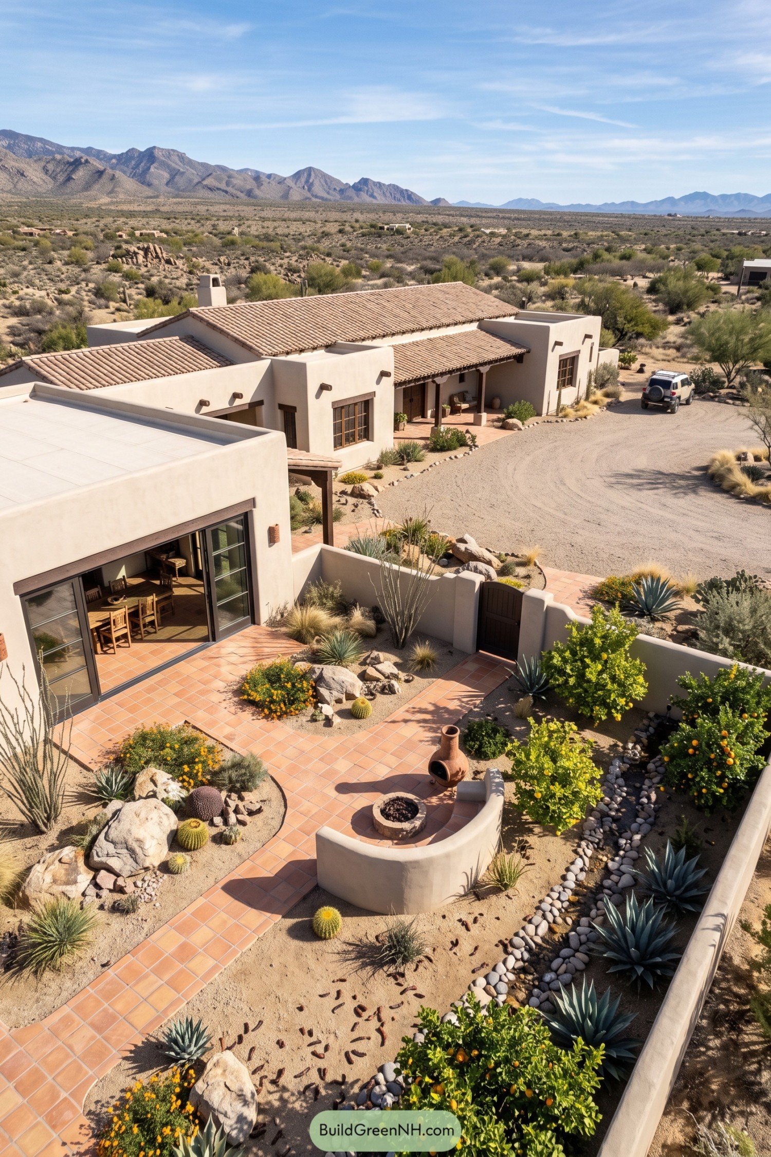 Adobe ranch with citrus courtyard and desert mountains