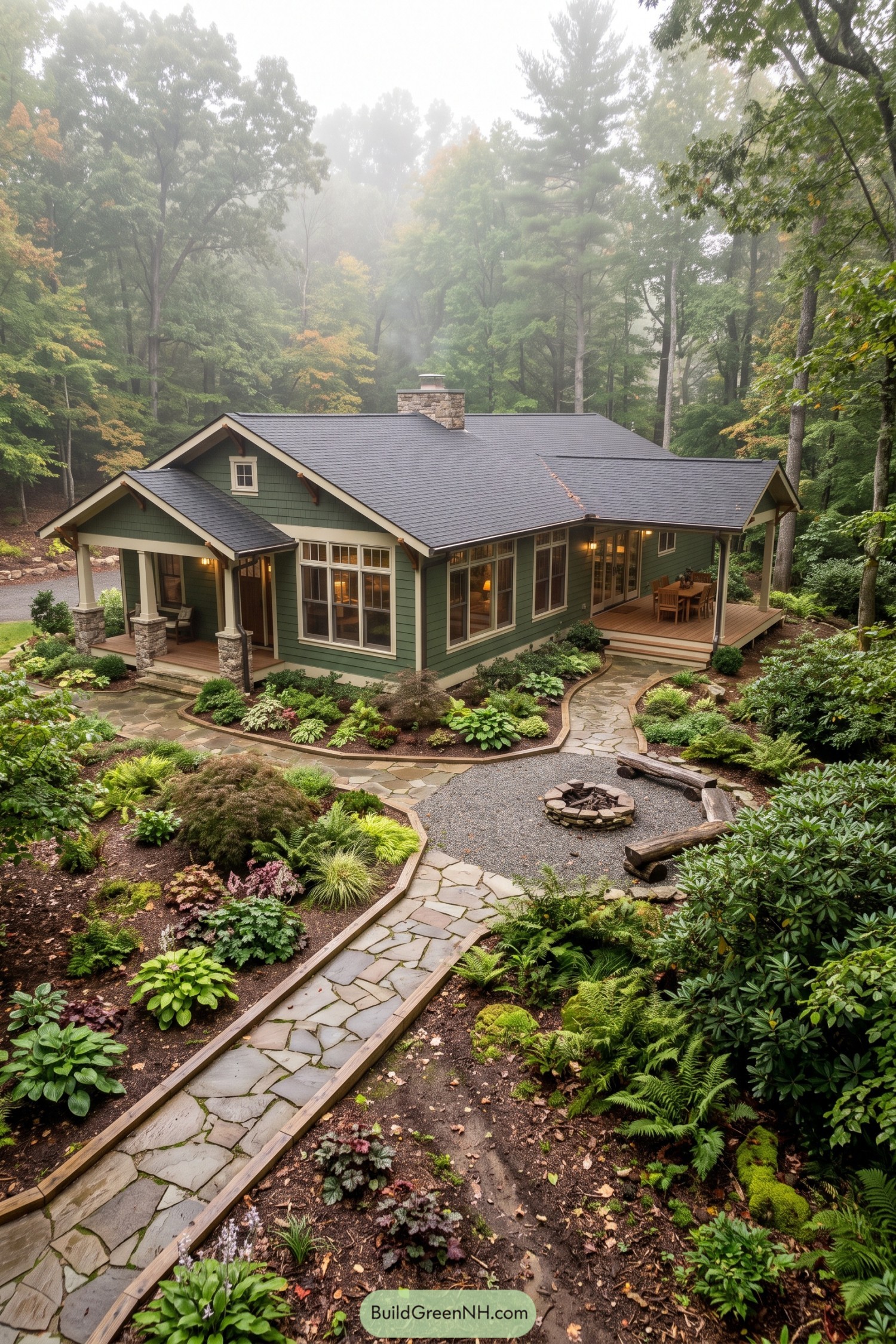 Green ranch home with stone paths gardens and a fire pit in misty woods