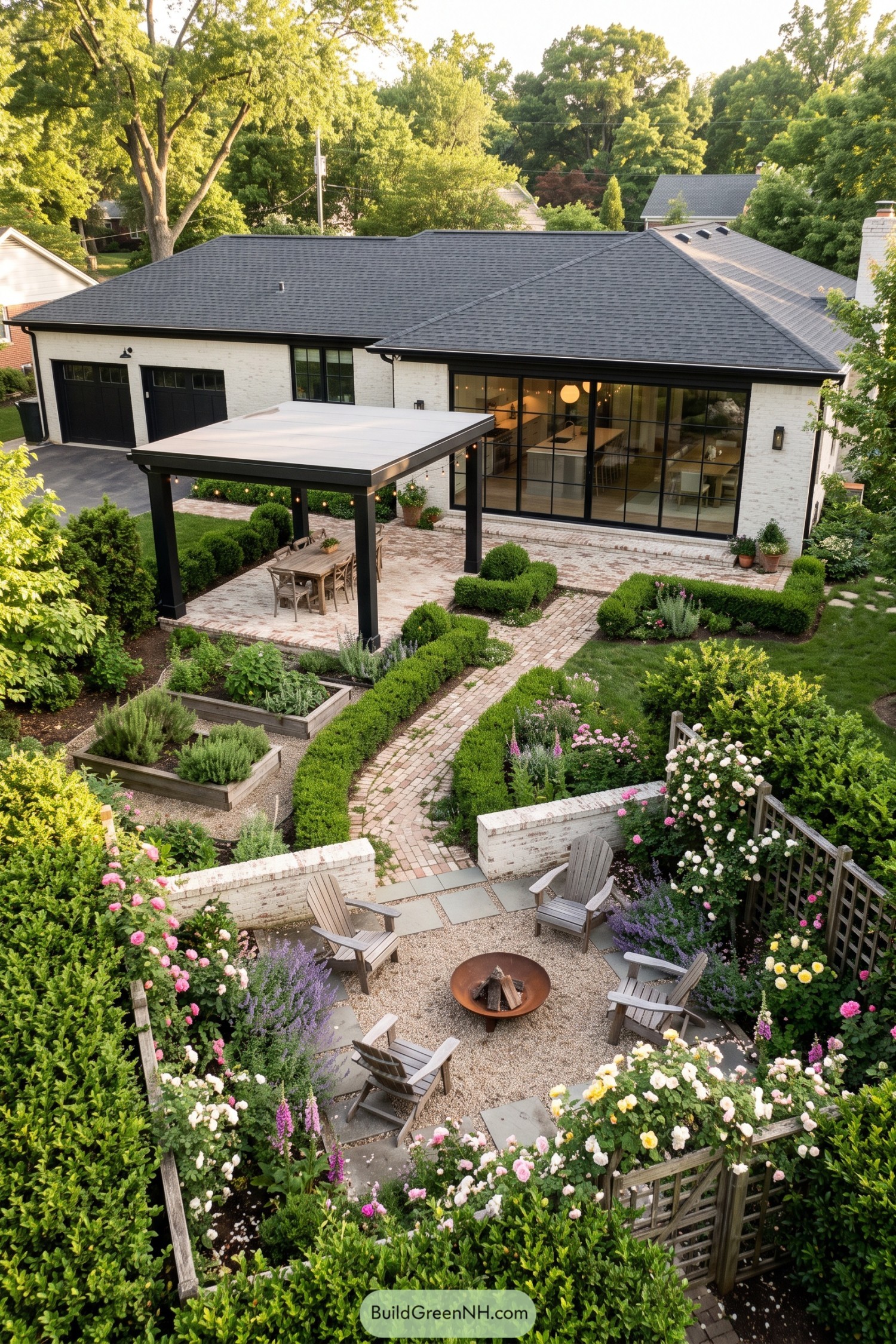 White brick ranch with formal rose garden patio and pergola