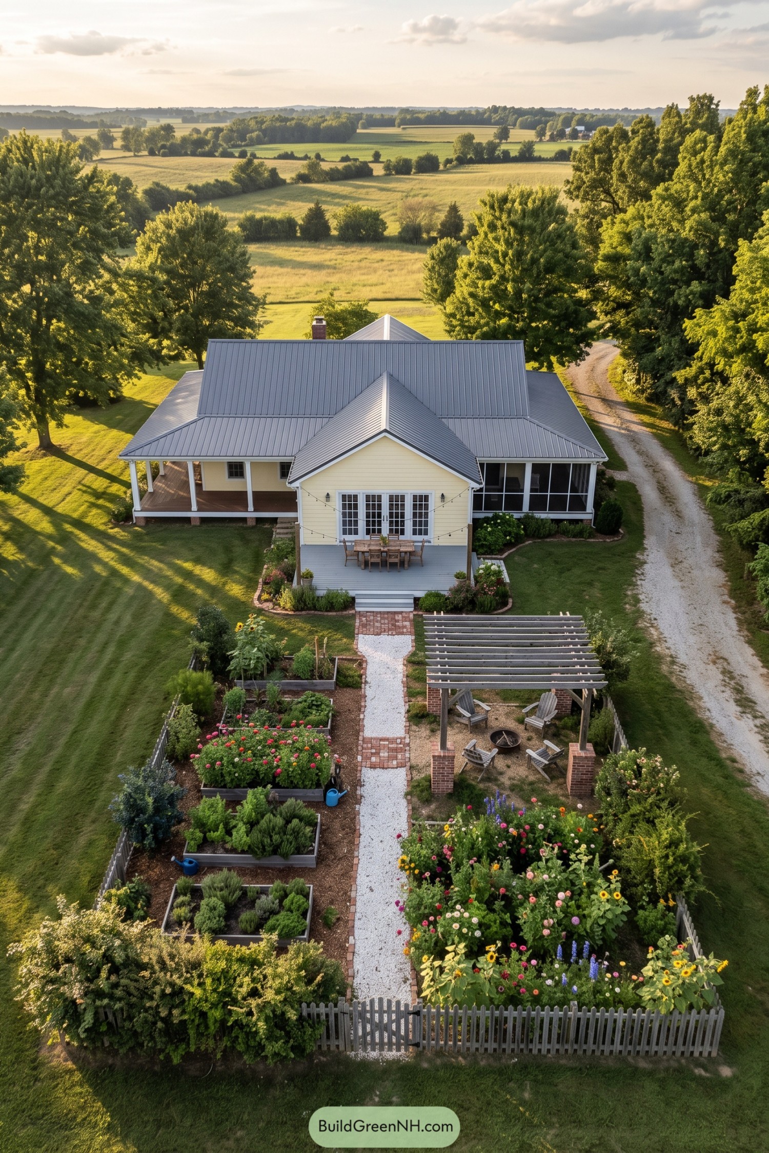 Yellow ranch home with a formal kitchen garden and pergola patio