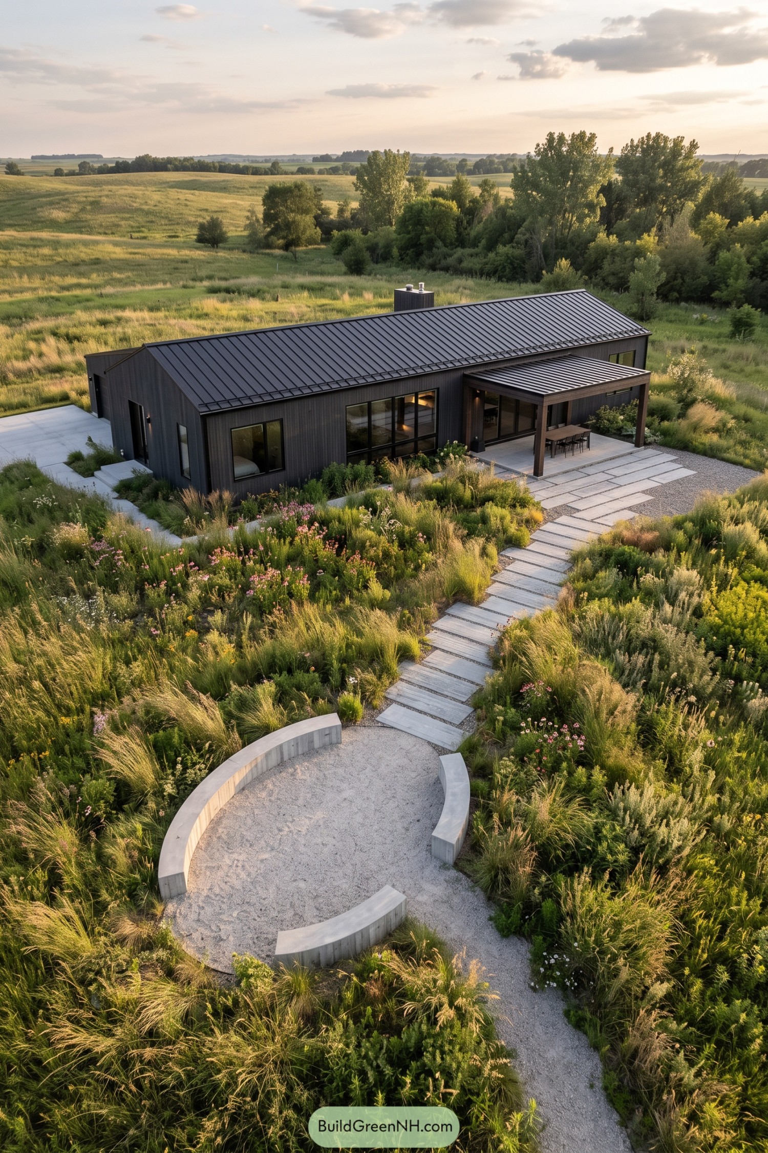 Charcoal ranch home amid native meadow gardens