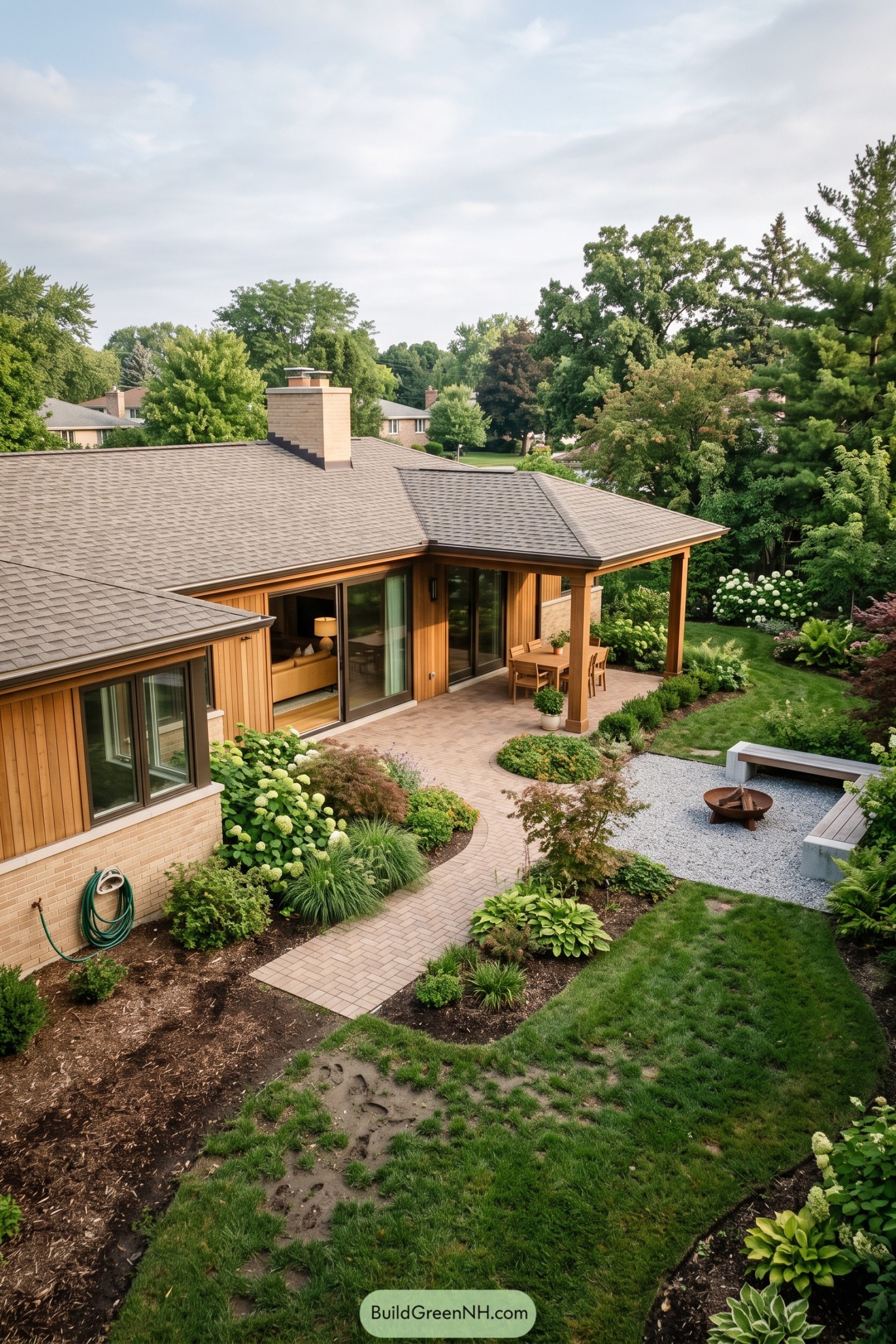 Wood clad ranch home with covered patio and lush courtyard garden