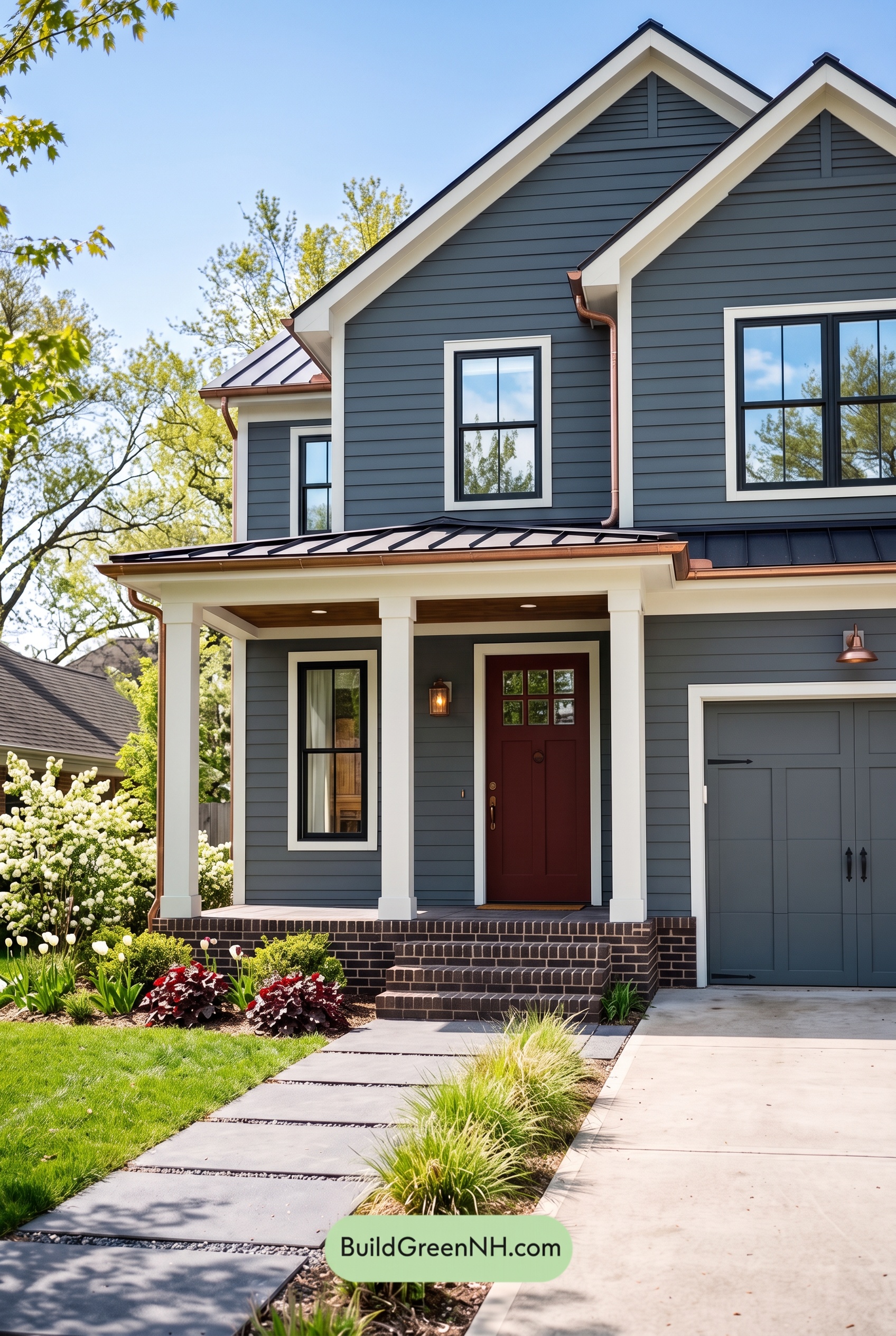 Red Front Door House Paint Color Scheme: Charcoal Copper Confidence
