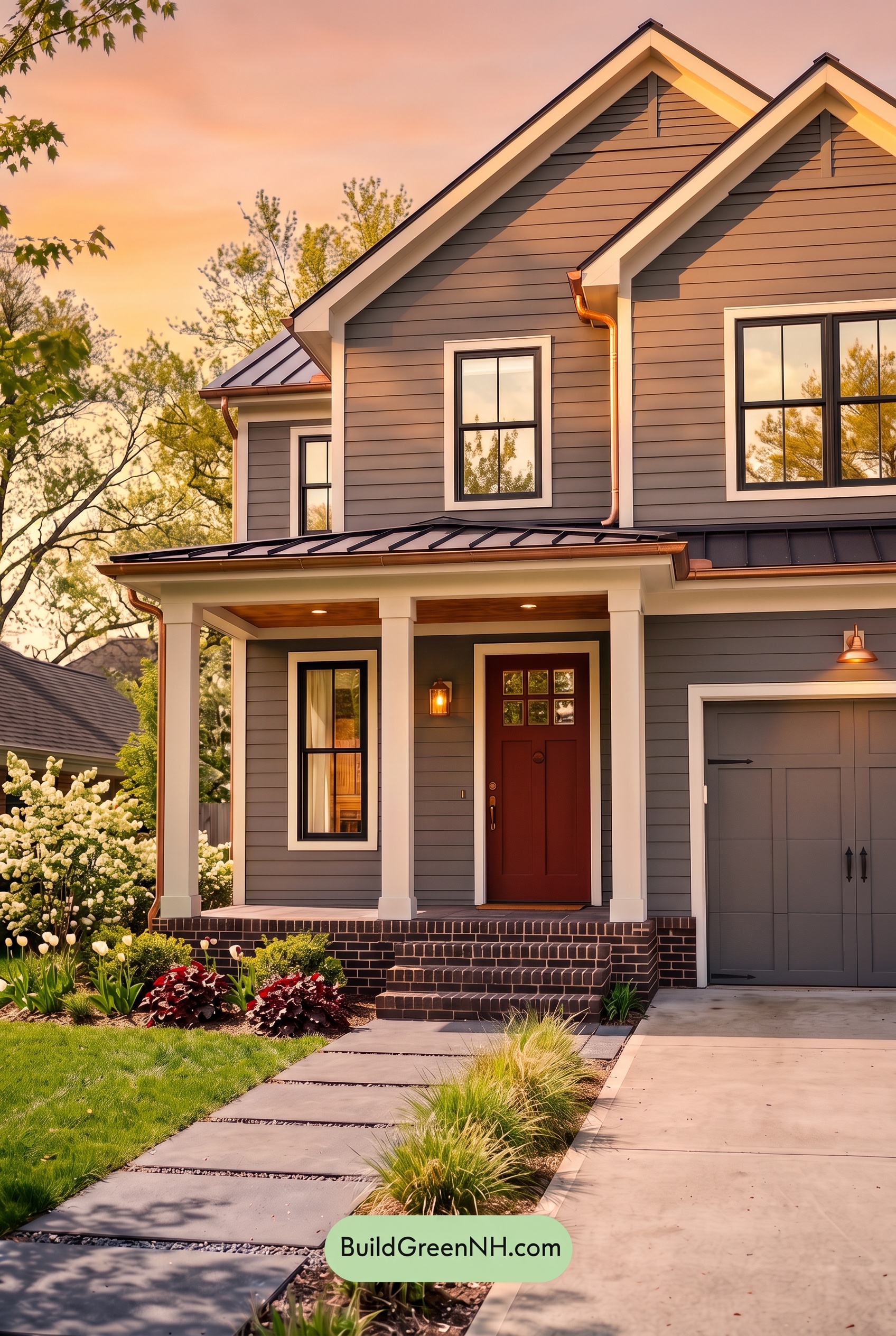 Red Front Door House Paint Color Scheme: Charcoal Copper Confidence - Golden Hour